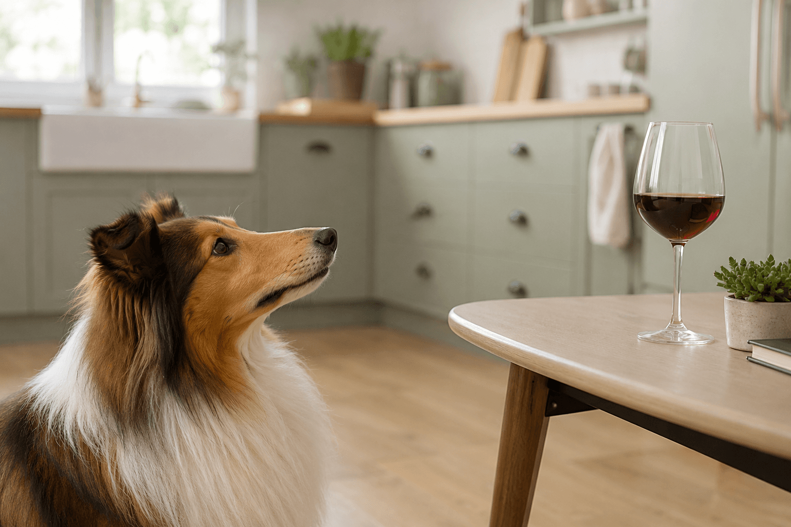 Collie looking up at a glass of red wine left on a low coffee table, out of reach