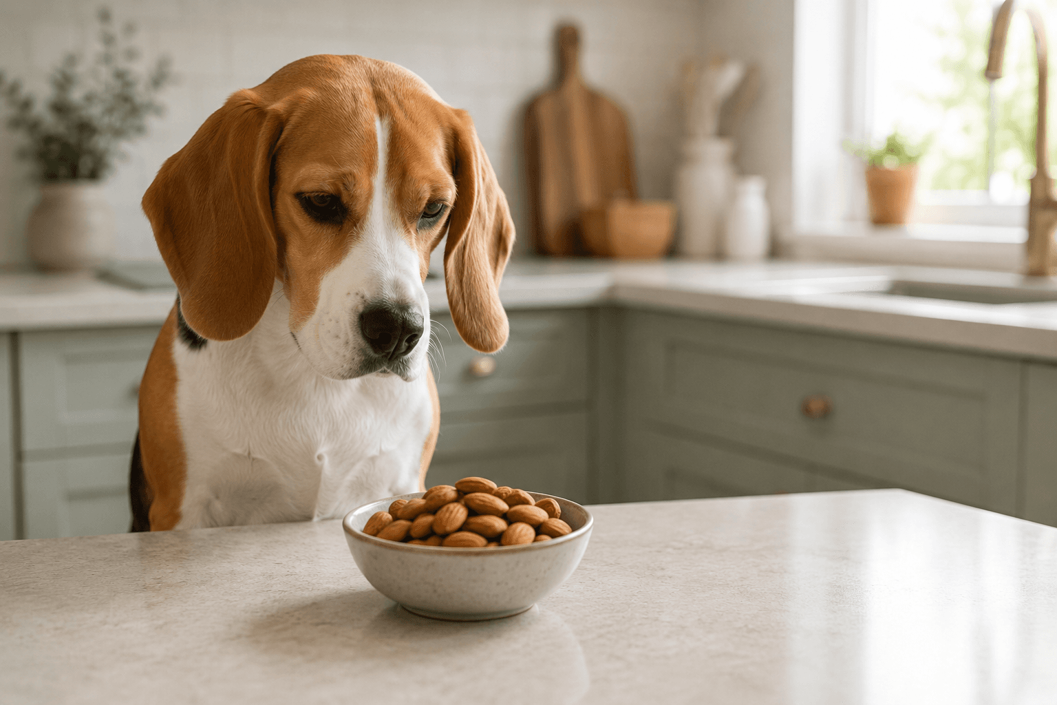 Beagle looking at a small bowl of whole almonds