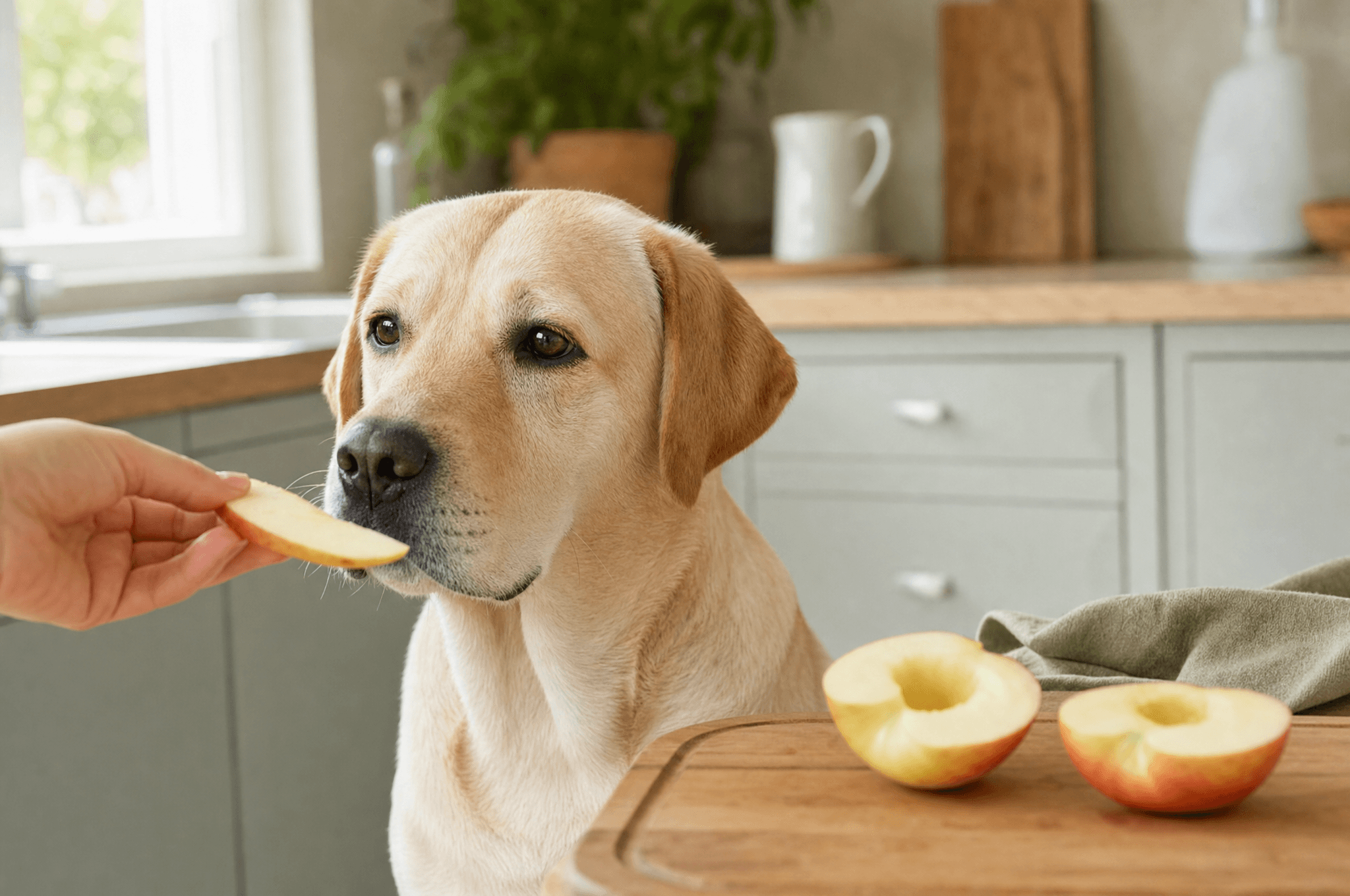 Labrador being offered a slice of apple beside a chopping board