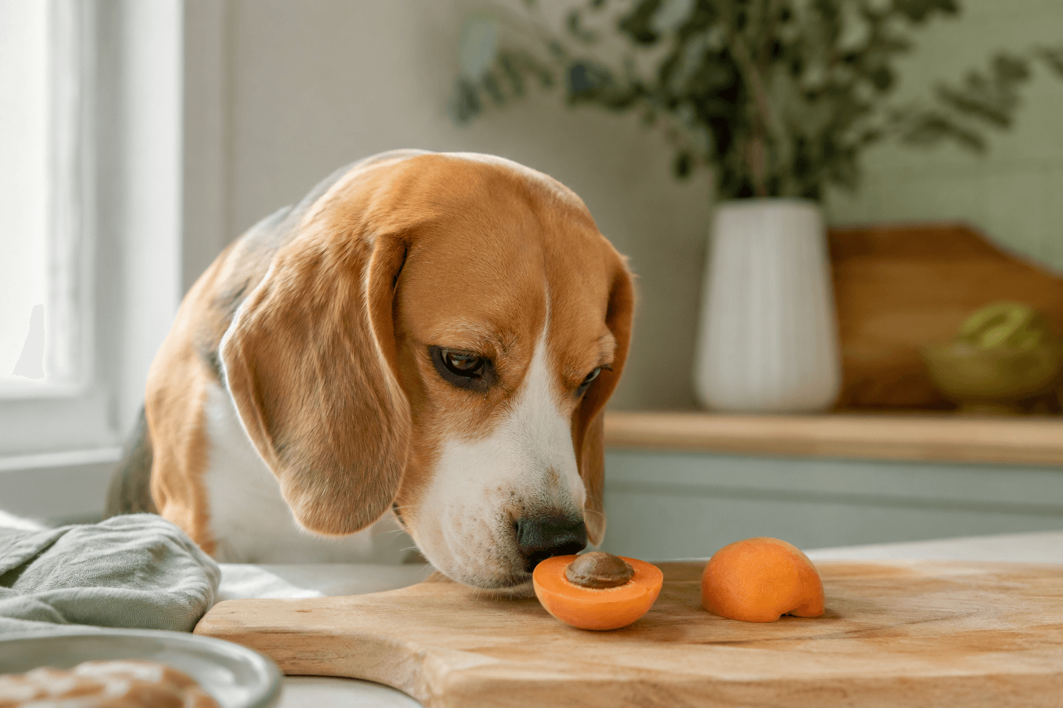 Beagle sniffing a halved apricot with the stone visible on a chopping board