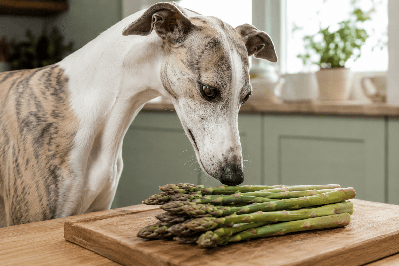 Whippet sniffing a bundle of asparagus spears on a chopping board