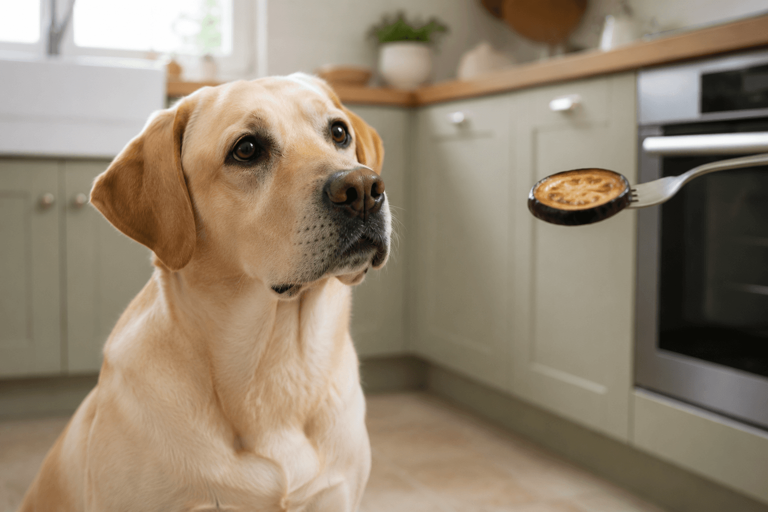 Labrador being offered a slice of cooked aubergine in a kitchen