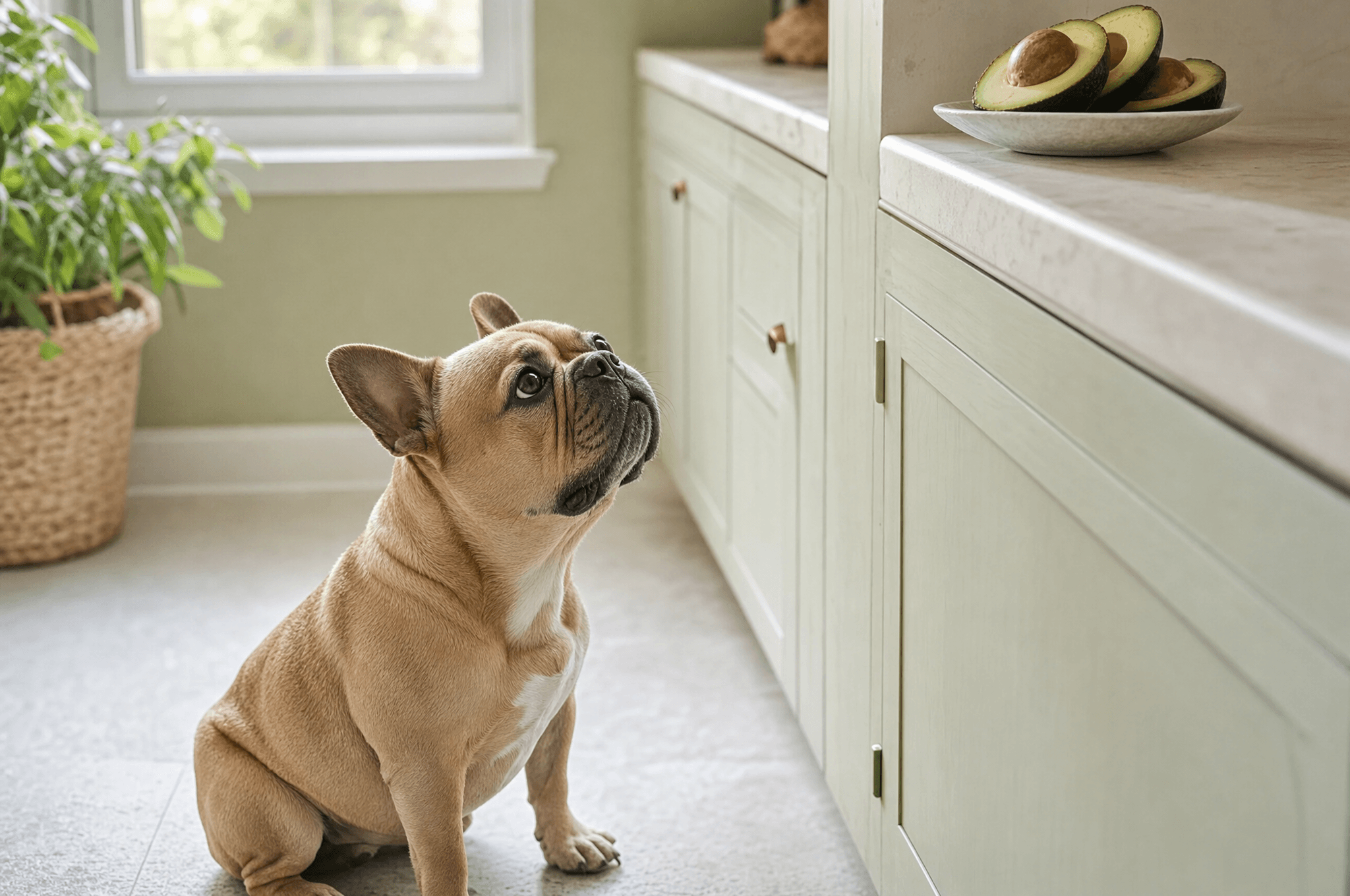 French bulldog gazing up at halved avocados out of reach on a shelf