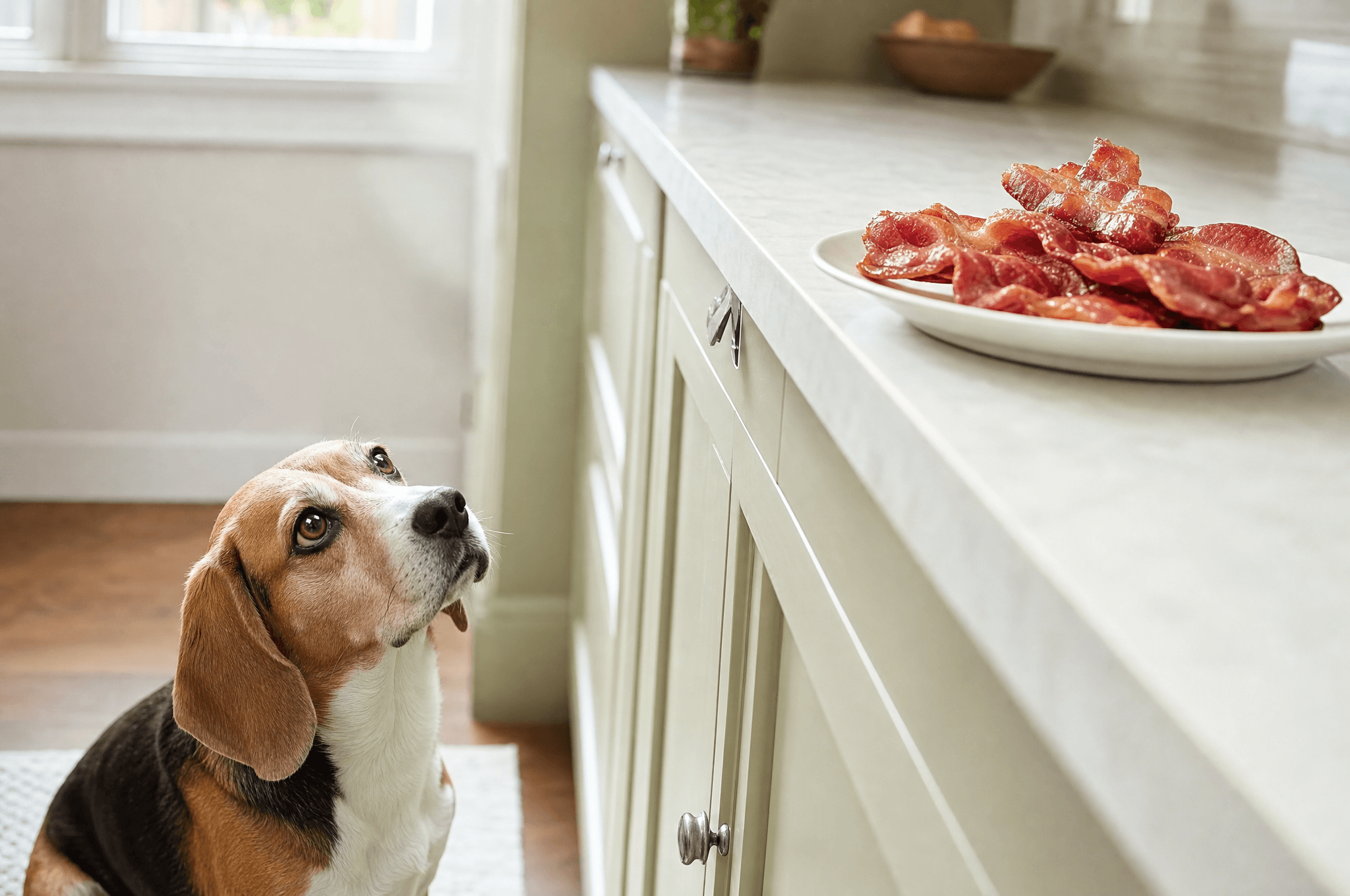 Beagle looking up at a plate of bacon out of reach on the counter