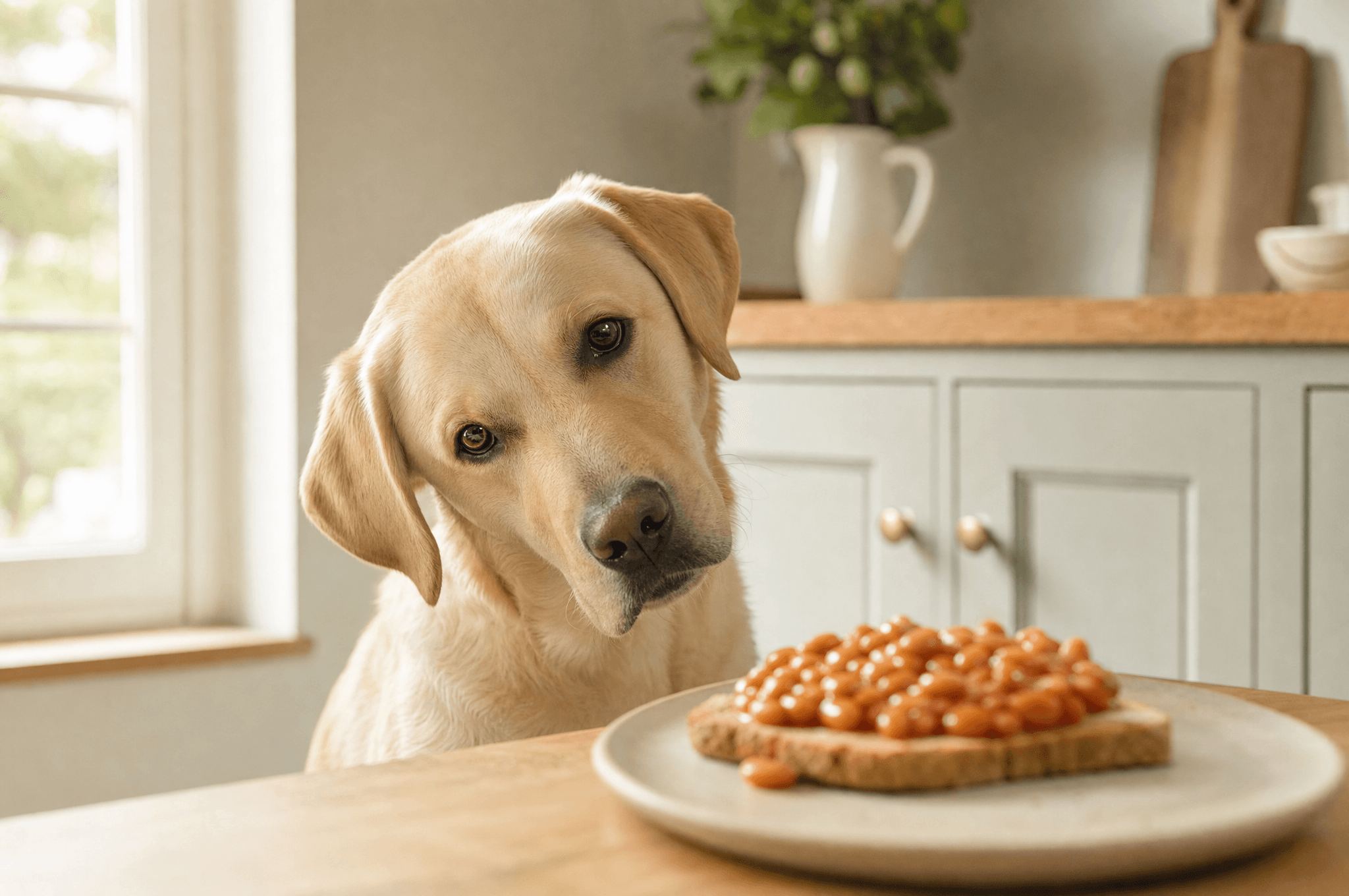 Labrador head-tilting at a plate of baked beans on toast