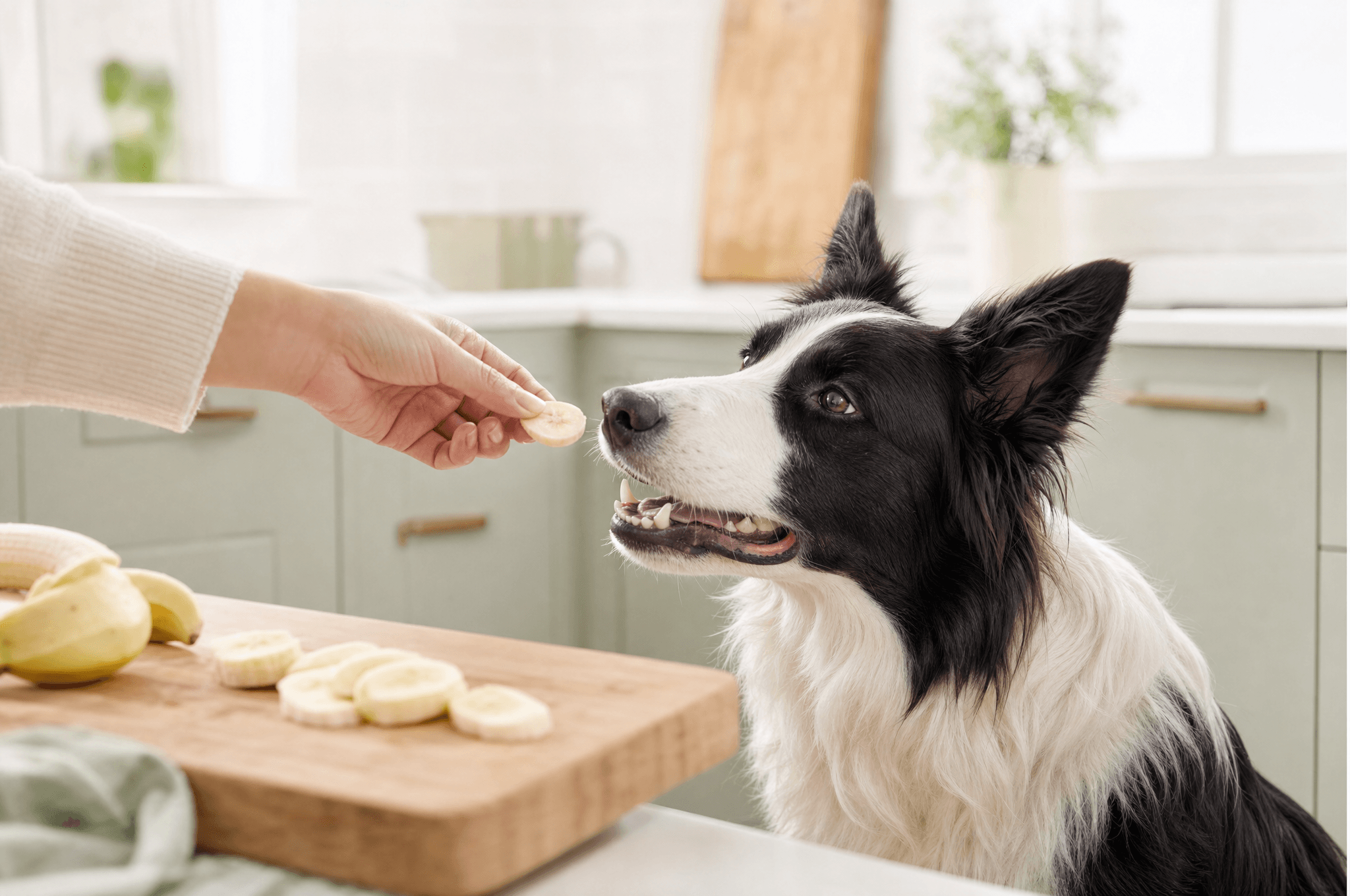 Border collie being offered a slice of banana in a bright kitchen