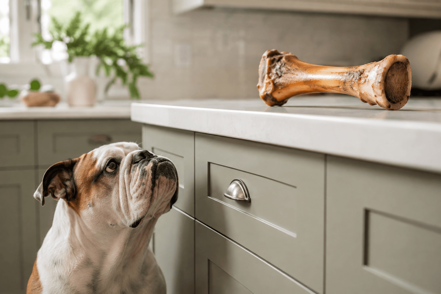 Bulldog looking up at a large beef marrow bone on a kitchen counter, out of reach