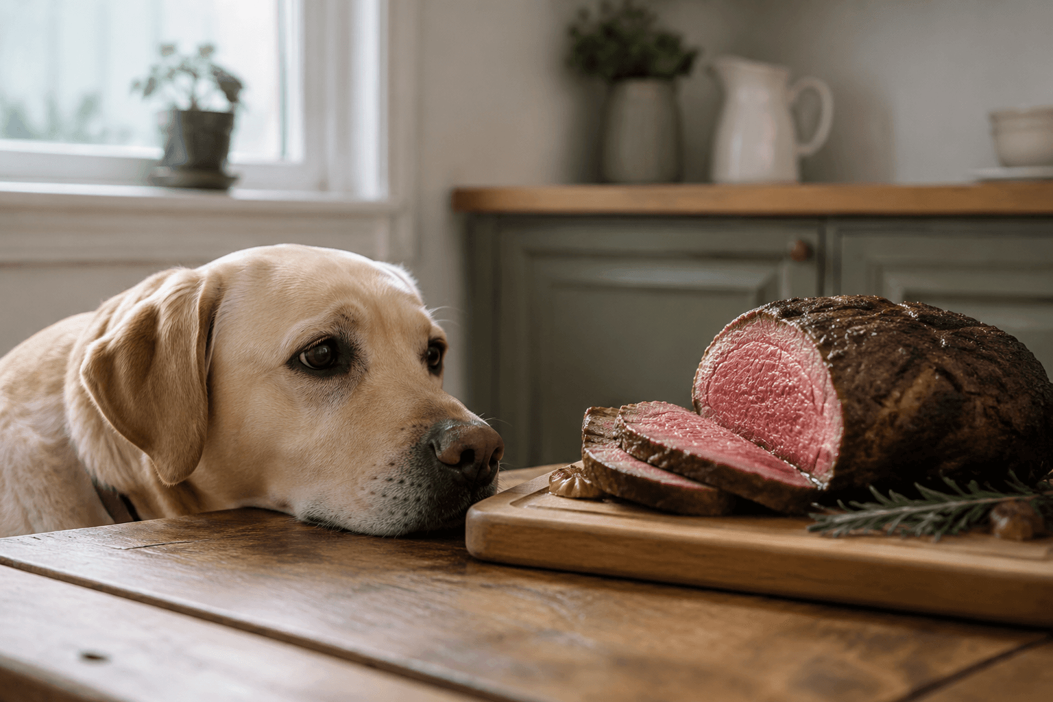 Labrador watching a joint of roast beef resting on a carving board