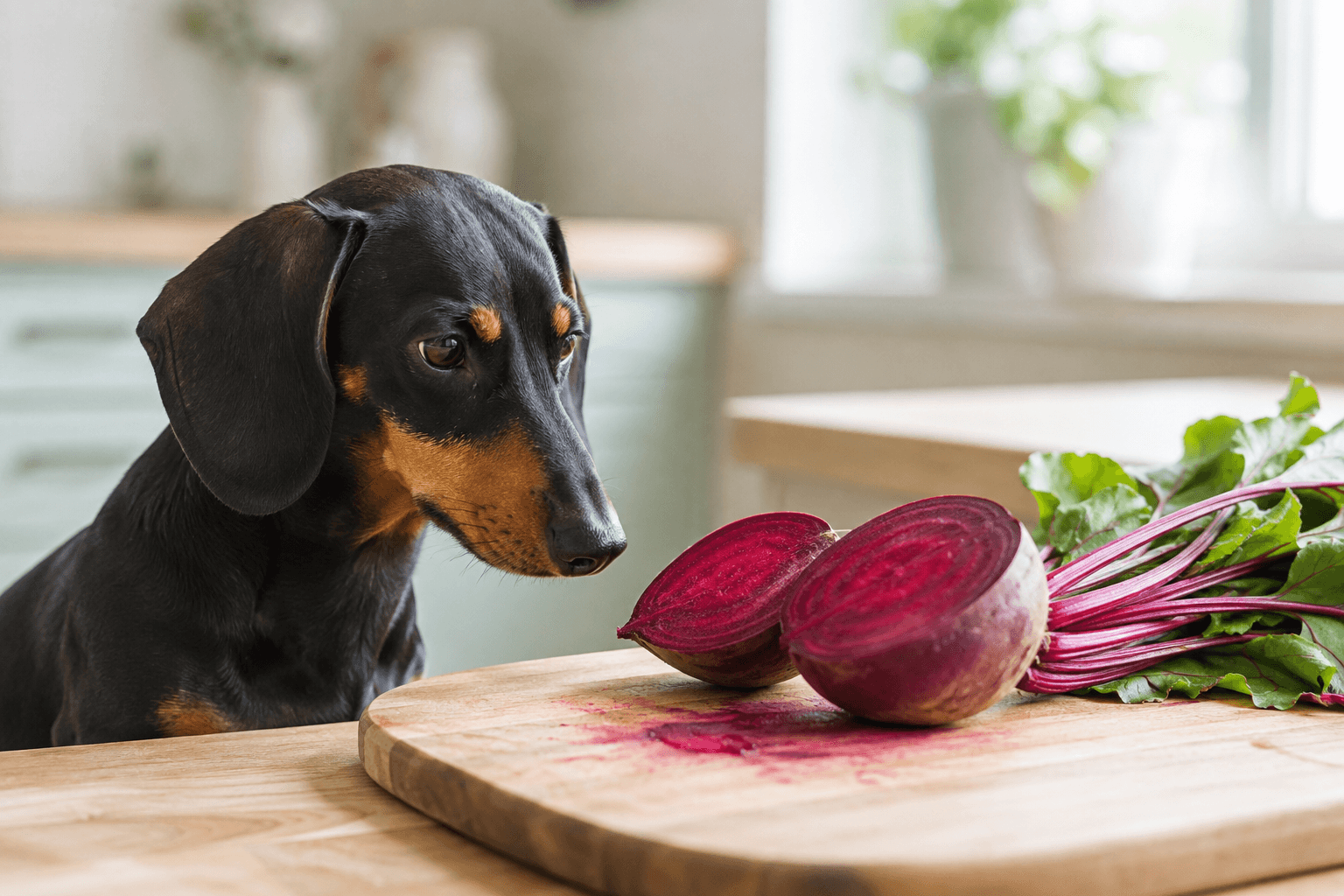 Dachshund looking at a halved beetroot on a wooden chopping board