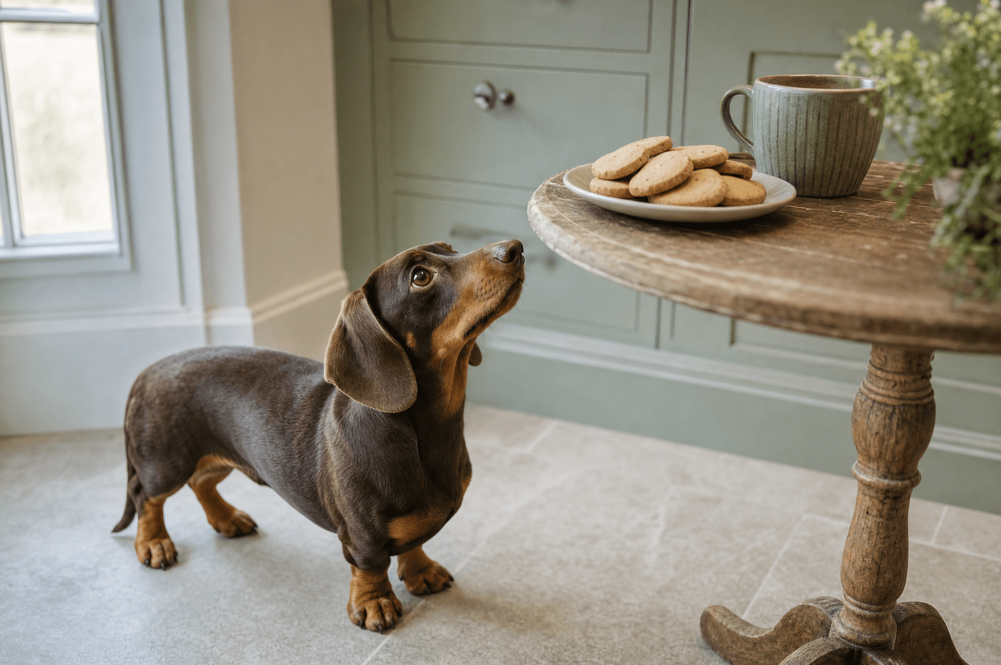 Dachshund looking up at a plate of digestive biscuits beside a cup of tea