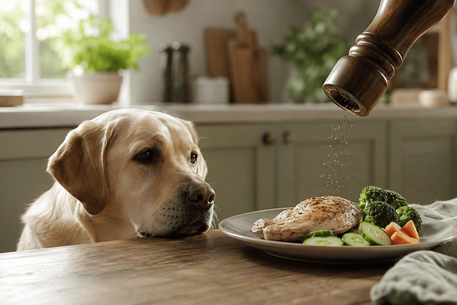 Labrador watching a pepper grinder being used at a kitchen table