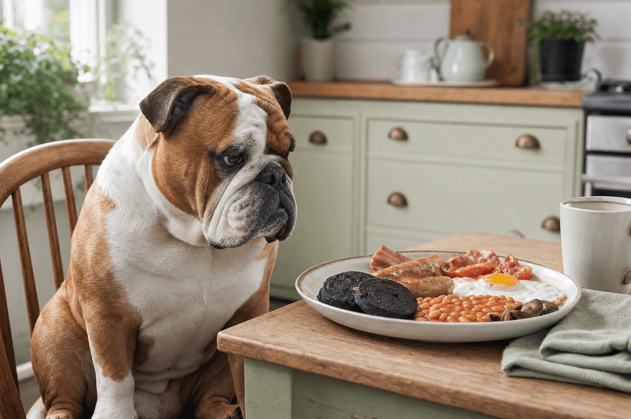Bulldog looking at a cooked breakfast plate with slices of black pudding