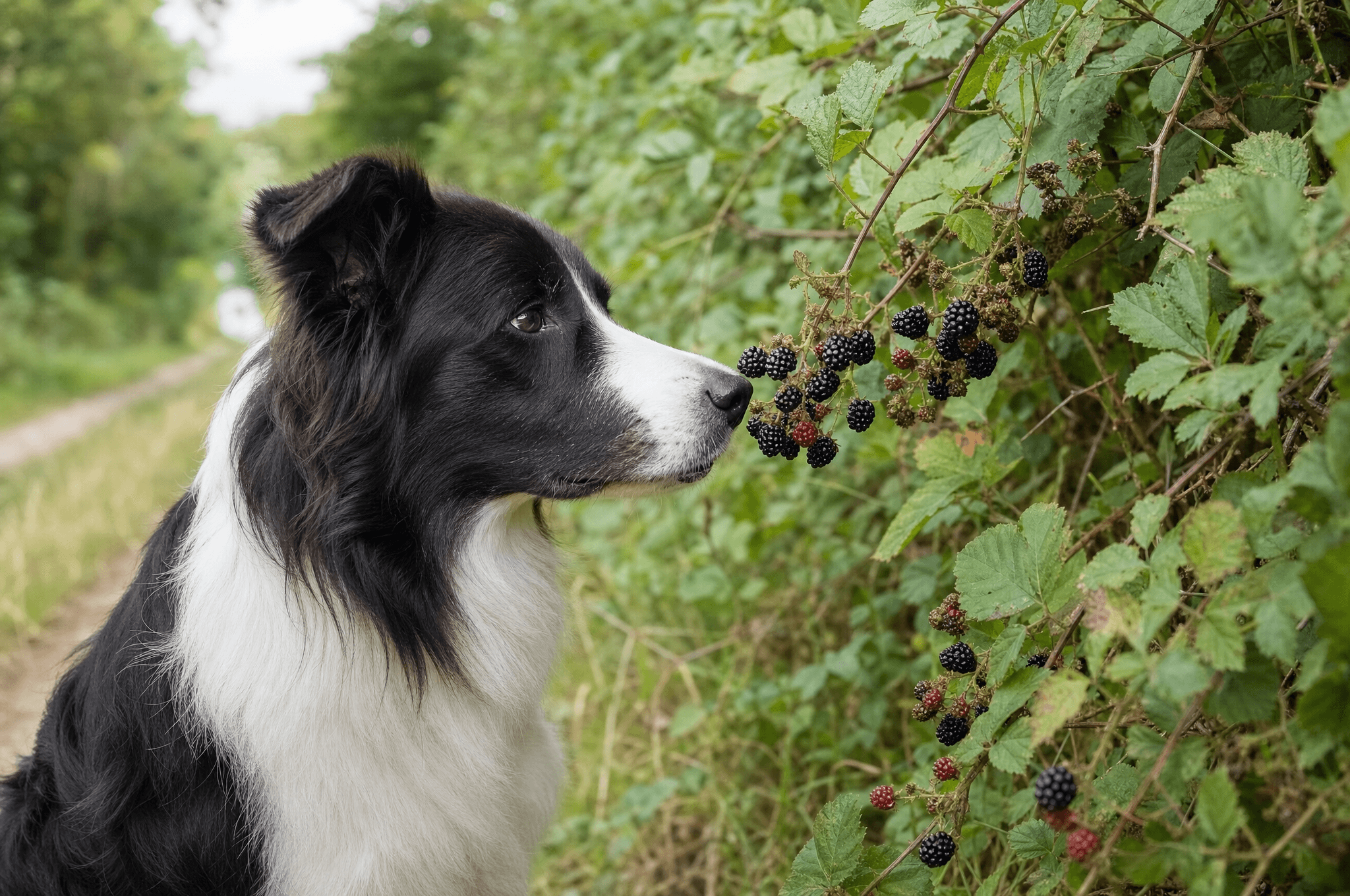 Border collie looking at ripe blackberries on a hedgerow walk