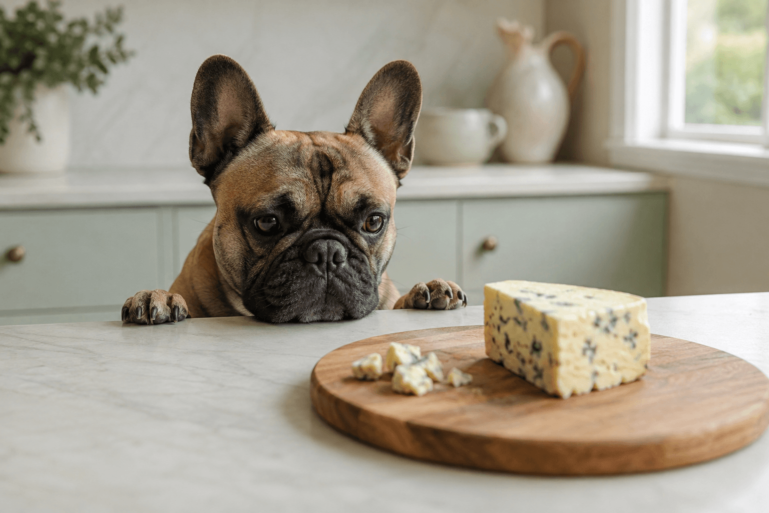 French bulldog looking at a wedge of blue cheese on a wooden cheese board, out of reach