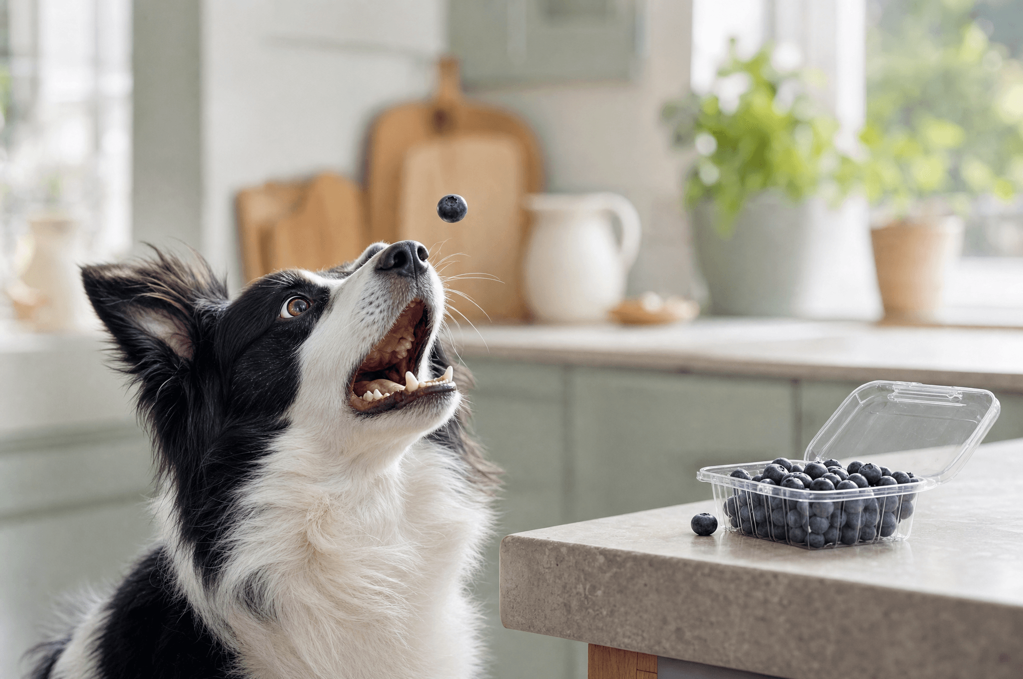 Border collie catching a blueberry beside an open punnet
