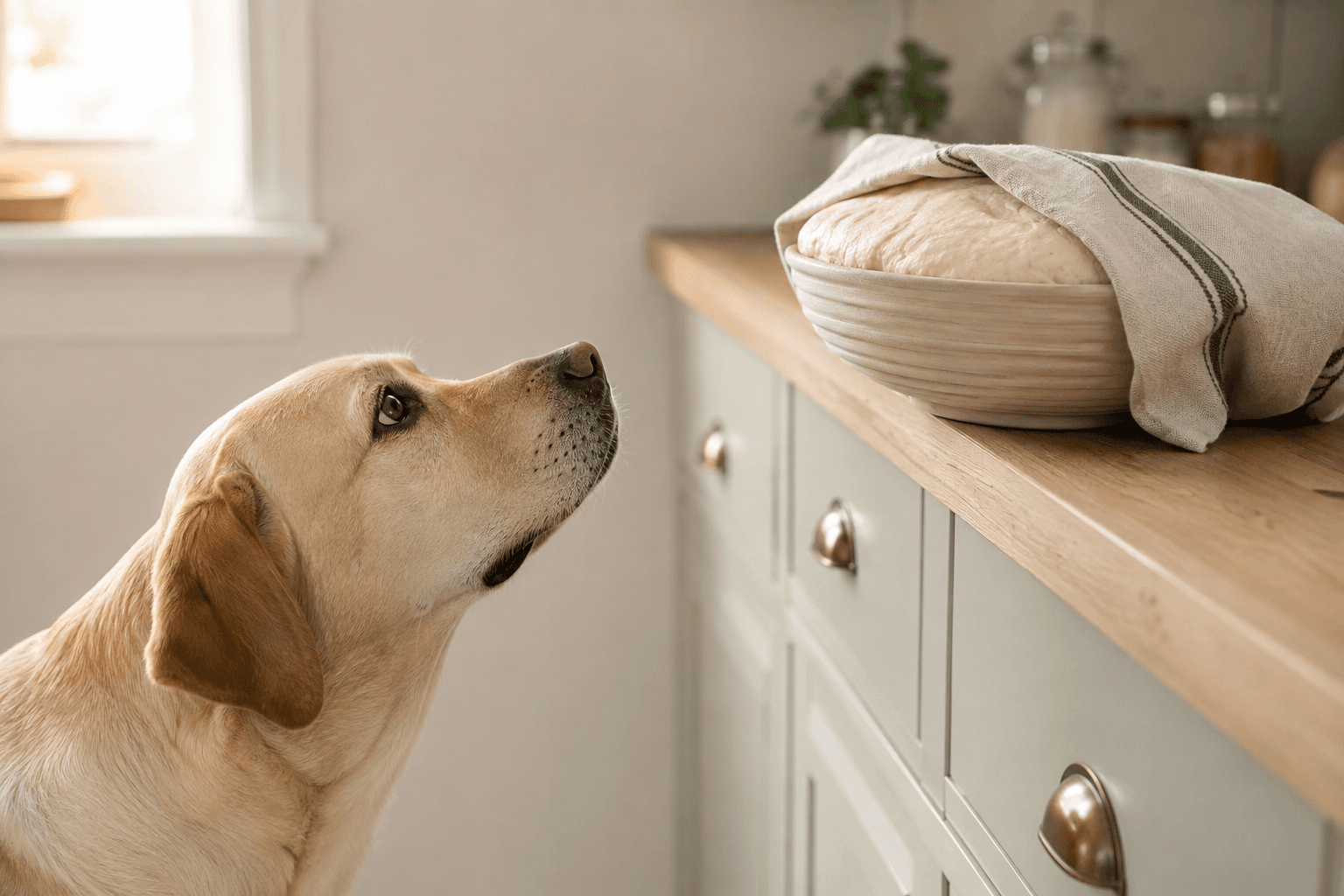 Labrador looking up at a bowl of rising bread dough covered with a cloth on a kitchen counter