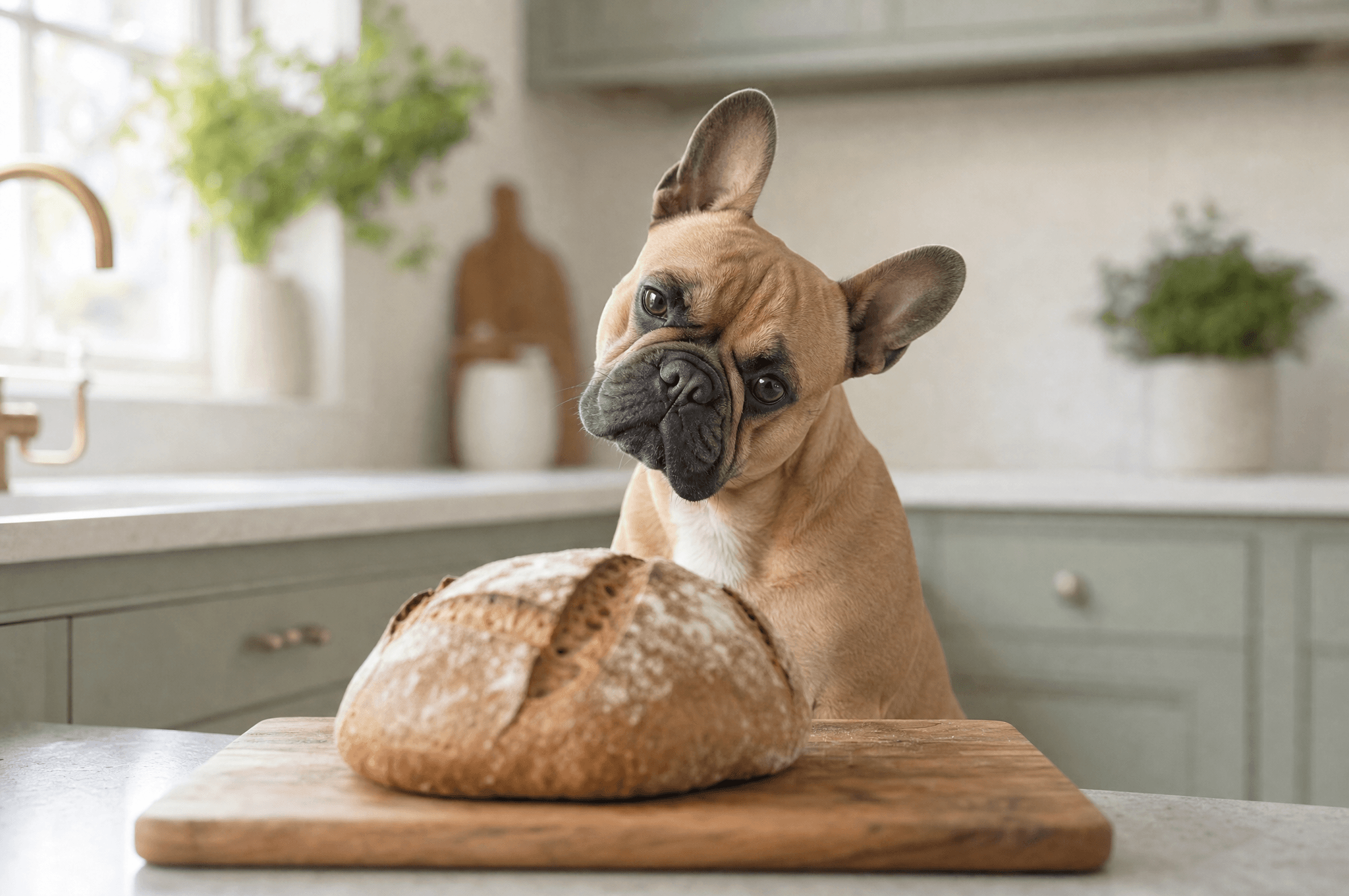 French bulldog head-tilting at a fresh loaf of bread