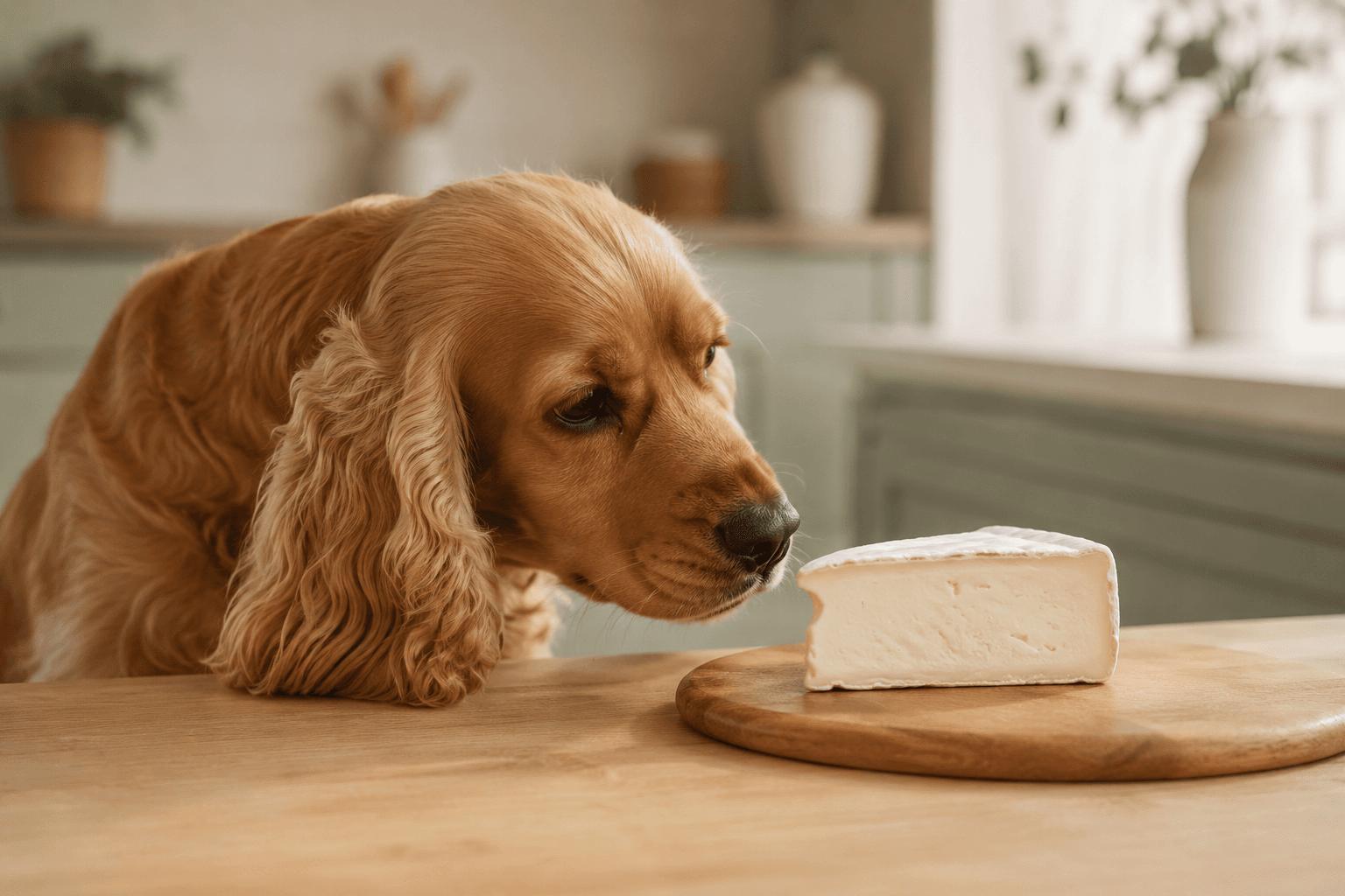 Cocker spaniel sniffing a wedge of brie cheese on a wooden board, not touching it