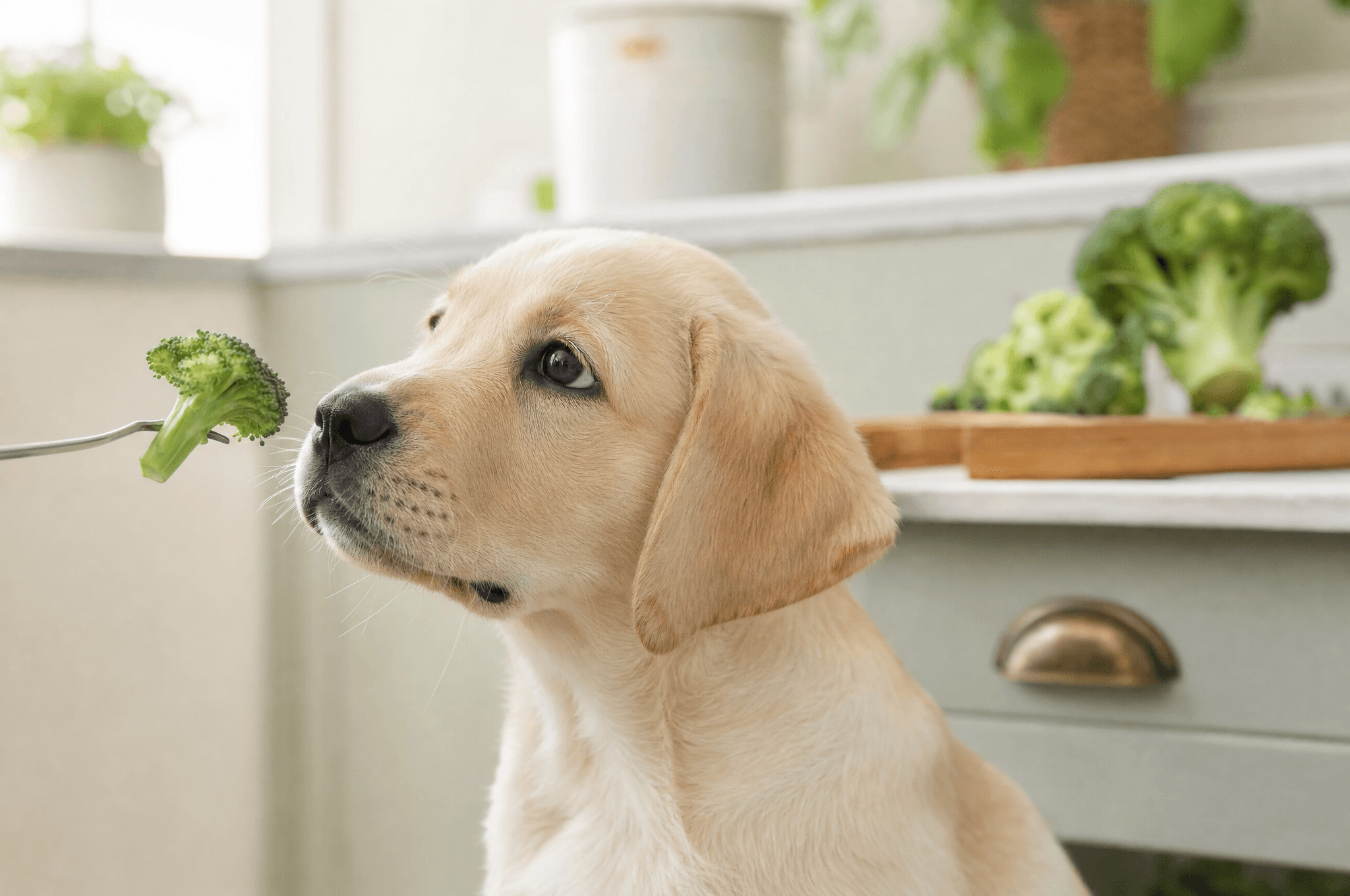 Labrador puppy being offered a floret of steamed broccoli