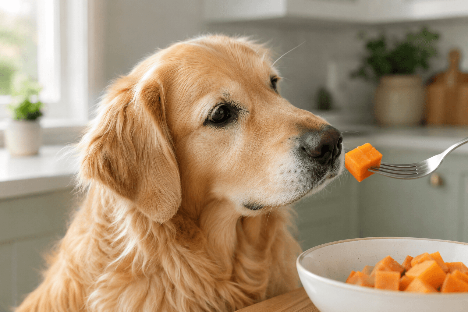 Golden retriever being offered a cube of cooked butternut squash
