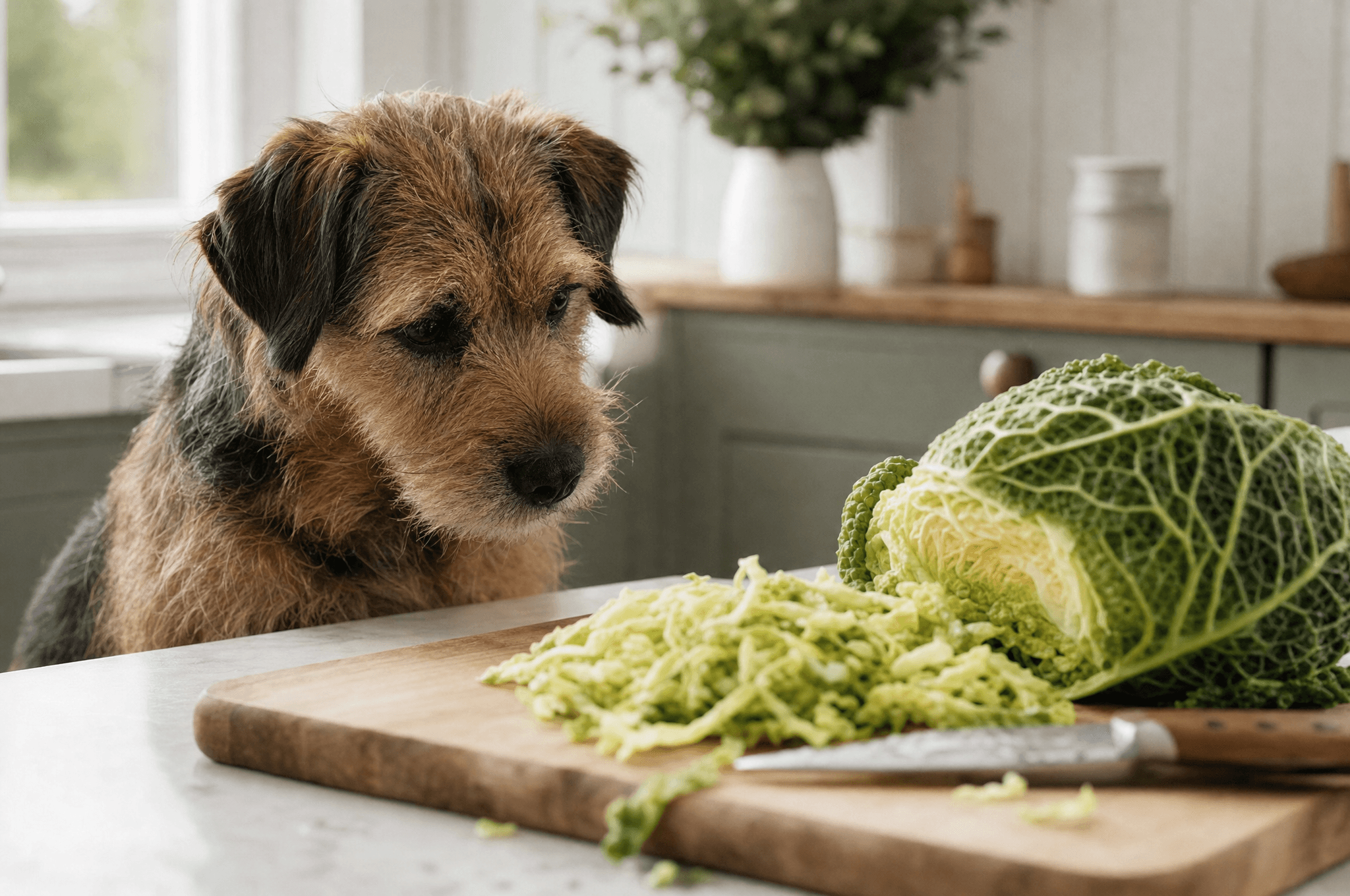 Terrier watching a savoy cabbage being shredded