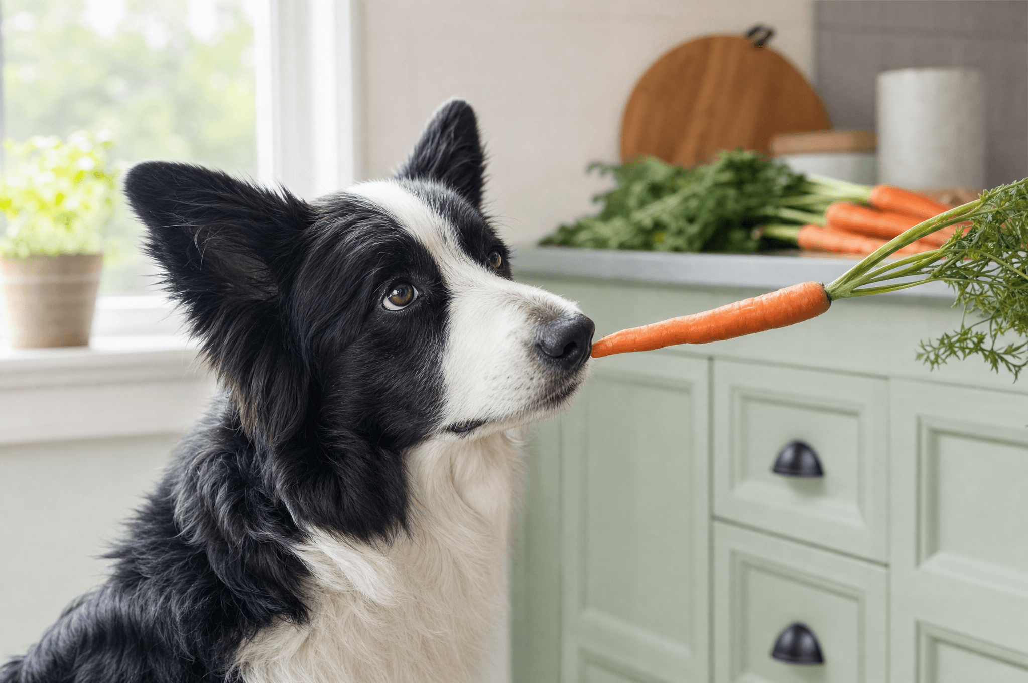 Border collie being offered a raw carrot