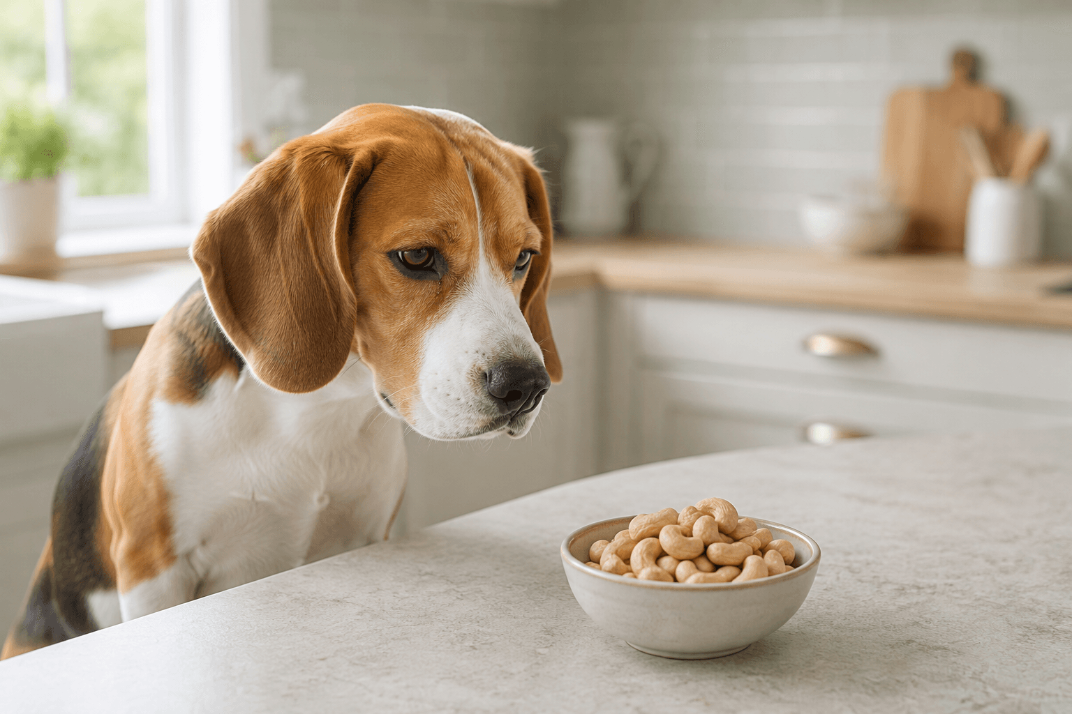 Beagle looking at a small bowl of whole cashew nuts on a kitchen counter