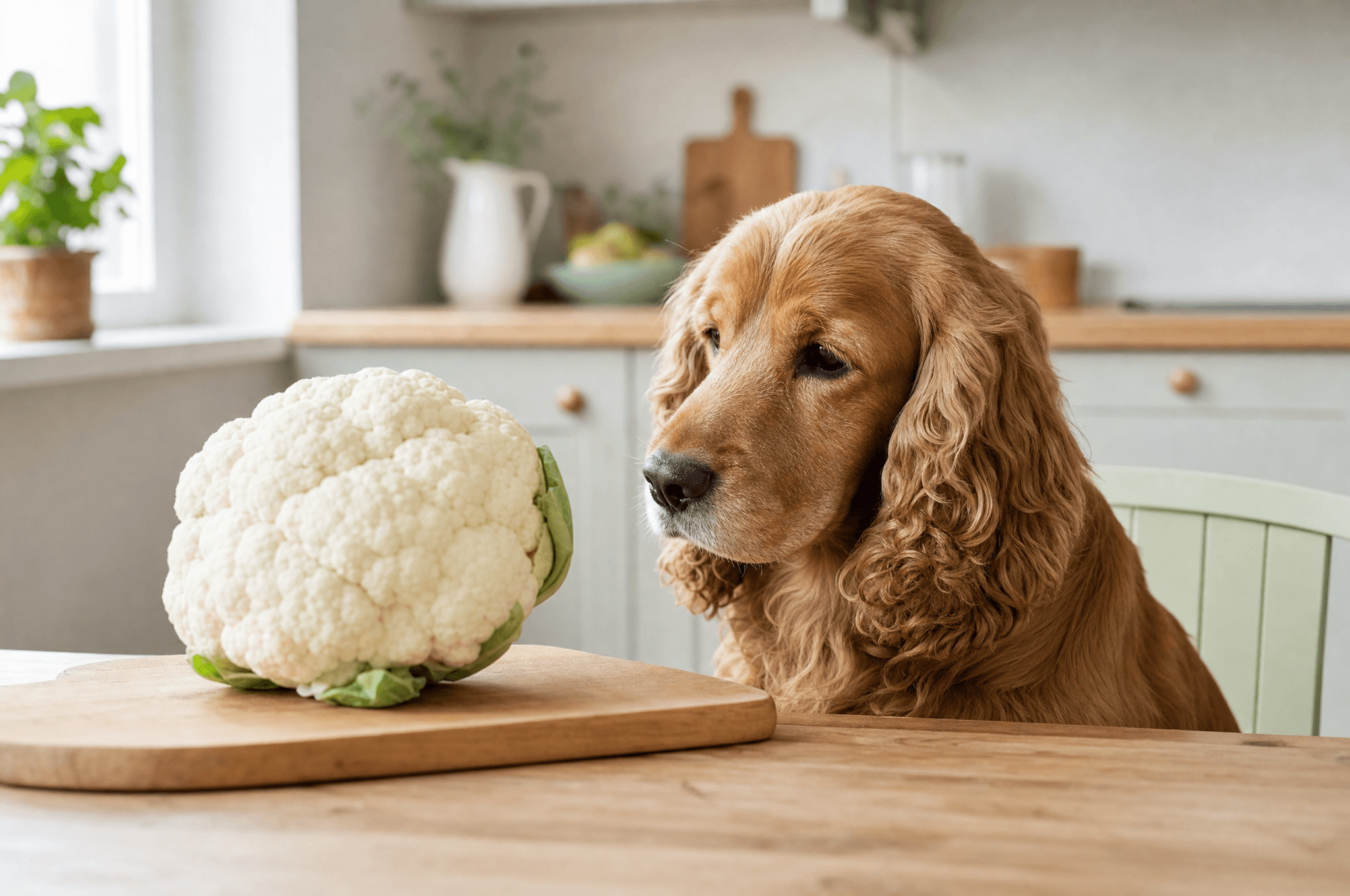 Cocker spaniel looking at a whole cauliflower on a board