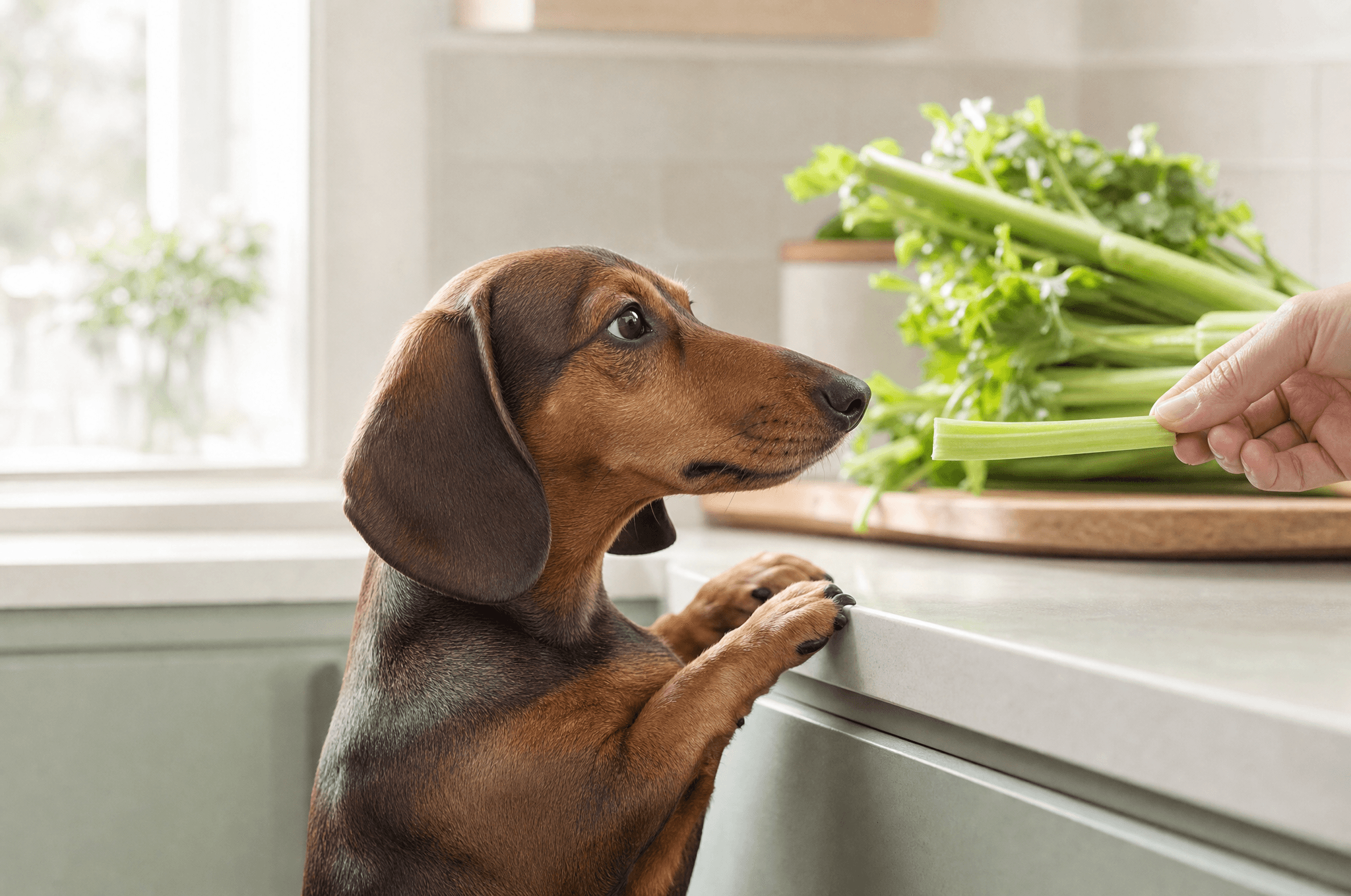 Dachshund being offered a stick of celery