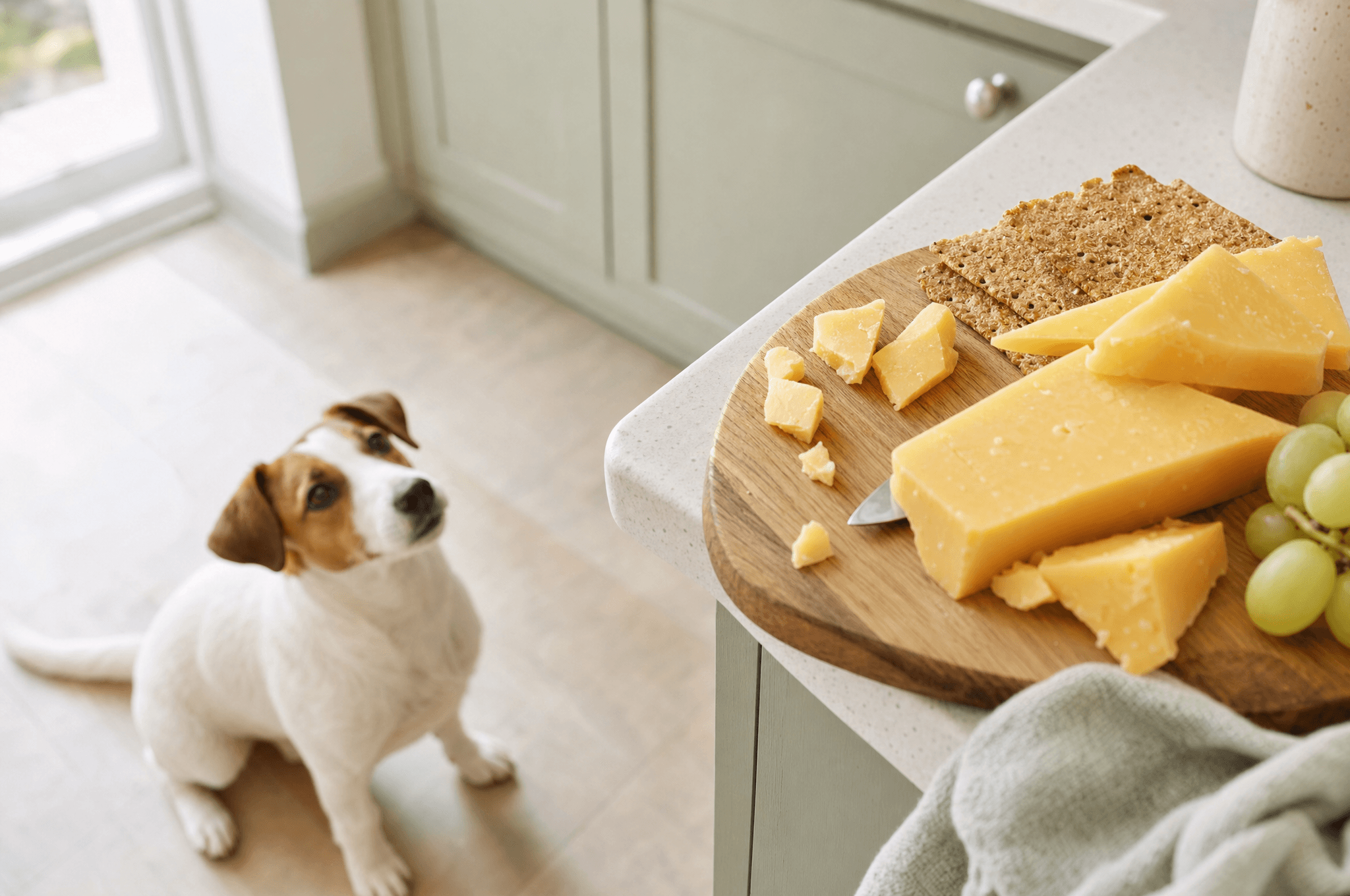 Jack russell looking up at a cheeseboard out of reach on a counter
