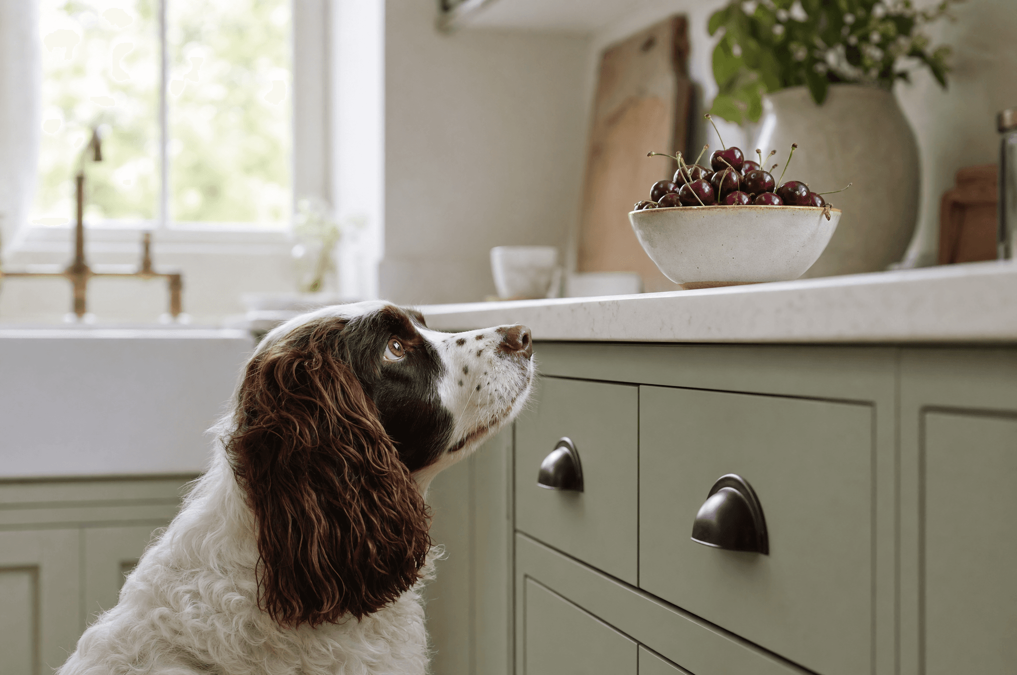 Spaniel looking at a bowl of cherries above its reach