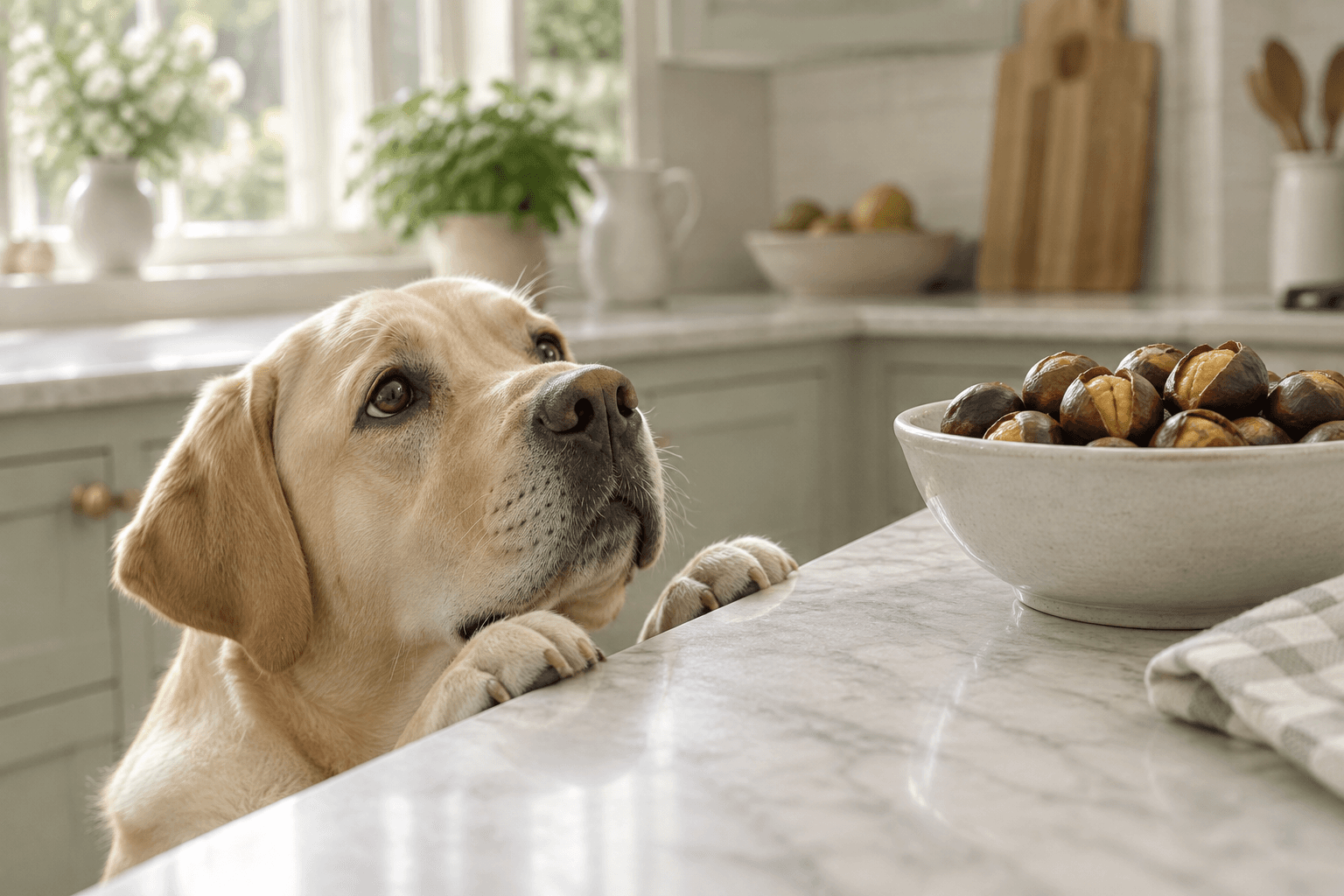 Labrador looking up at a bowl of roasted chestnuts on a kitchen counter, out of reach
