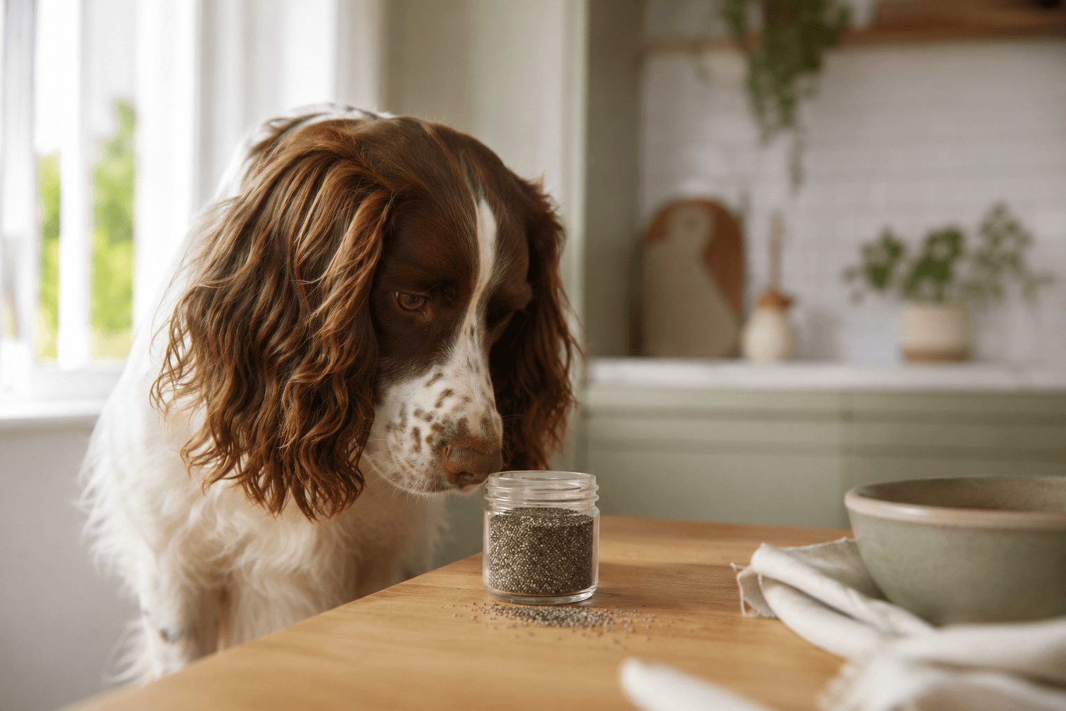 Spaniel looking at a small jar of chia seeds on a kitchen table