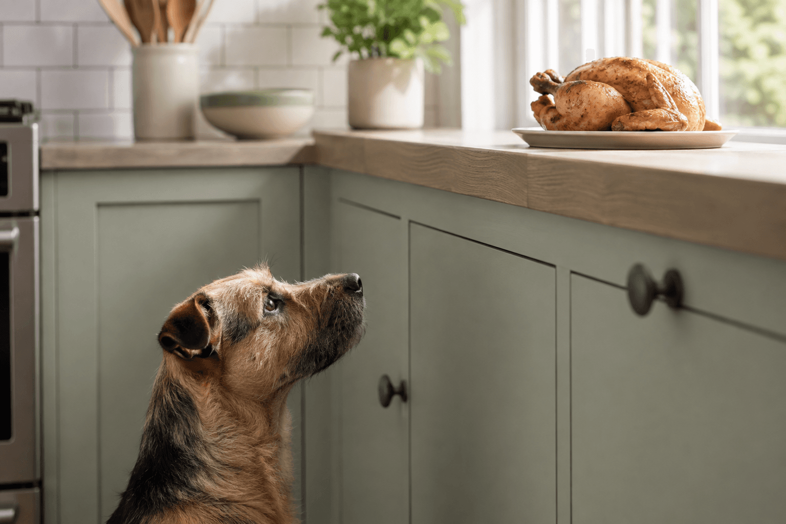 Terrier looking up at a chicken carcass on a kitchen counter, out of reach