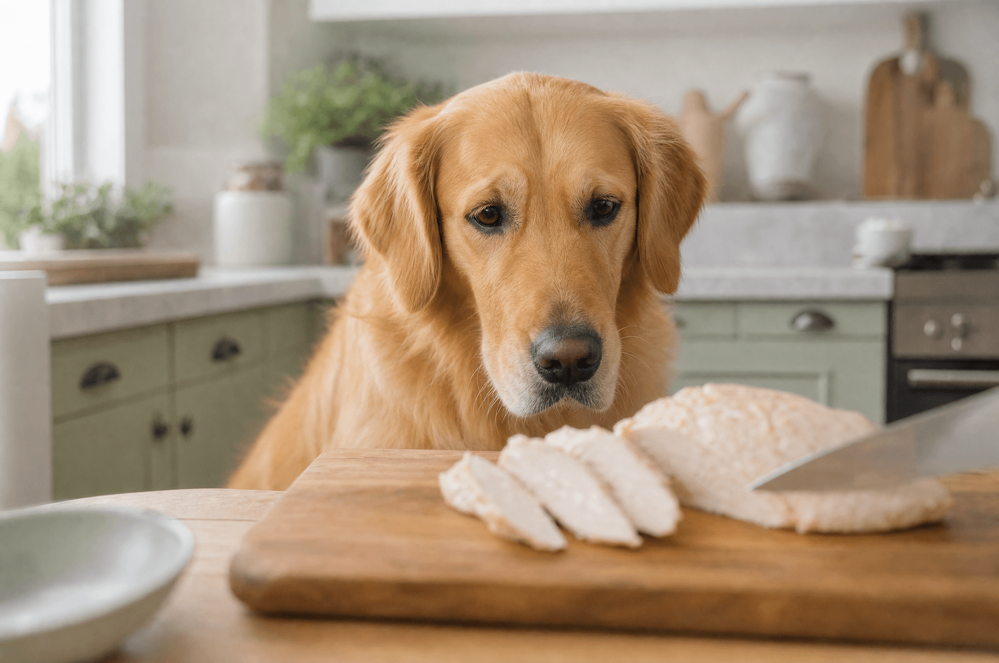 Golden retriever watching plain cooked chicken being sliced