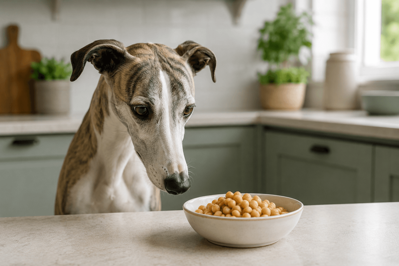 Whippet looking at a bowl of cooked chickpeas on a kitchen counter