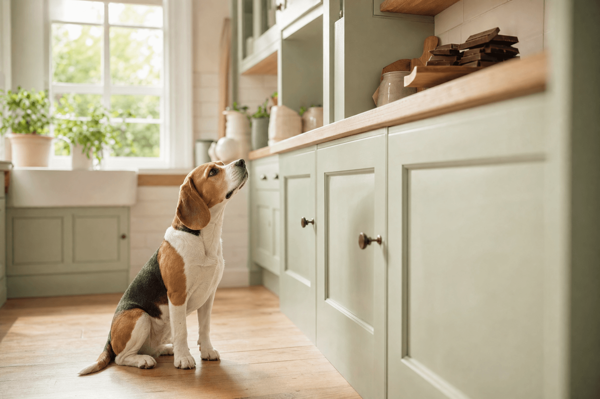 Beagle gazing up at chocolate bars out of reach on a high shelf