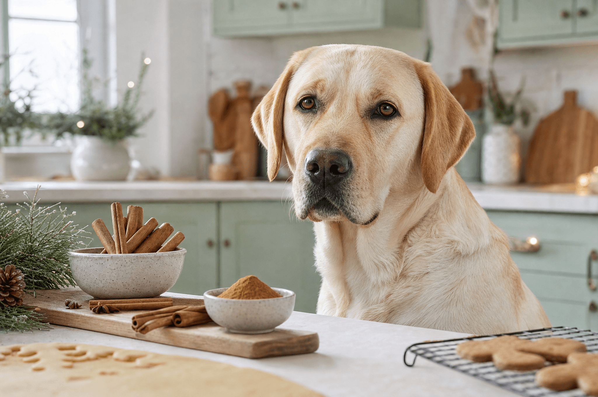 Labrador beside cinnamon sticks and ground cinnamon in a baking scene