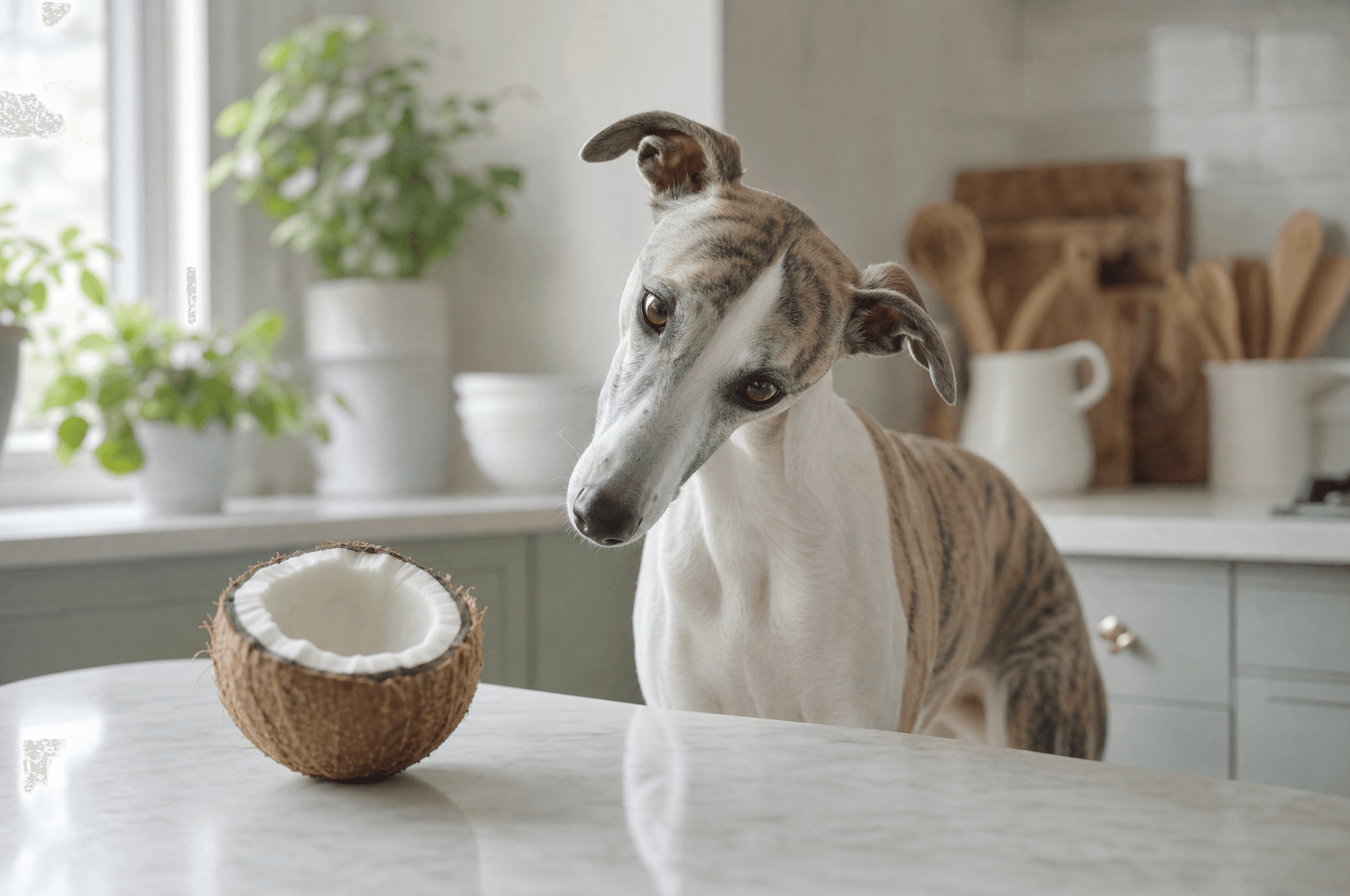 Whippet head-tilting at a halved fresh coconut