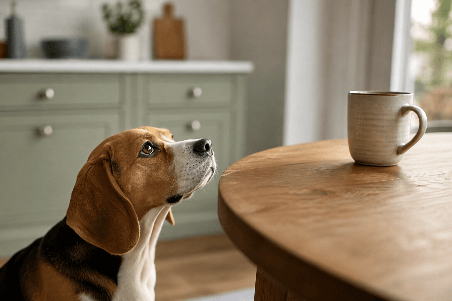 Beagle looking up at a mug of coffee on a kitchen table, out of reach