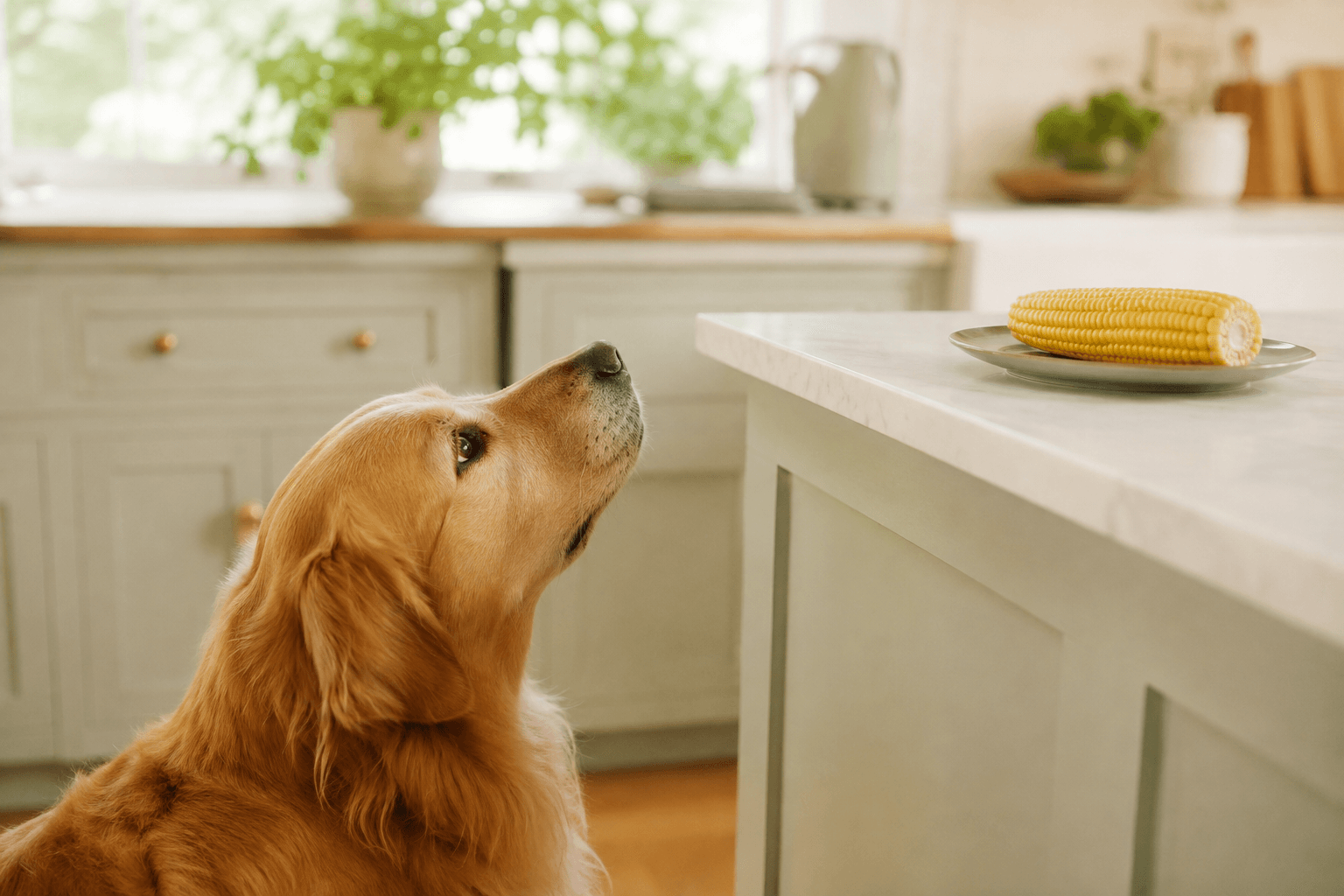 Golden retriever looking up at a corn cob on a plate on a kitchen counter, out of reach