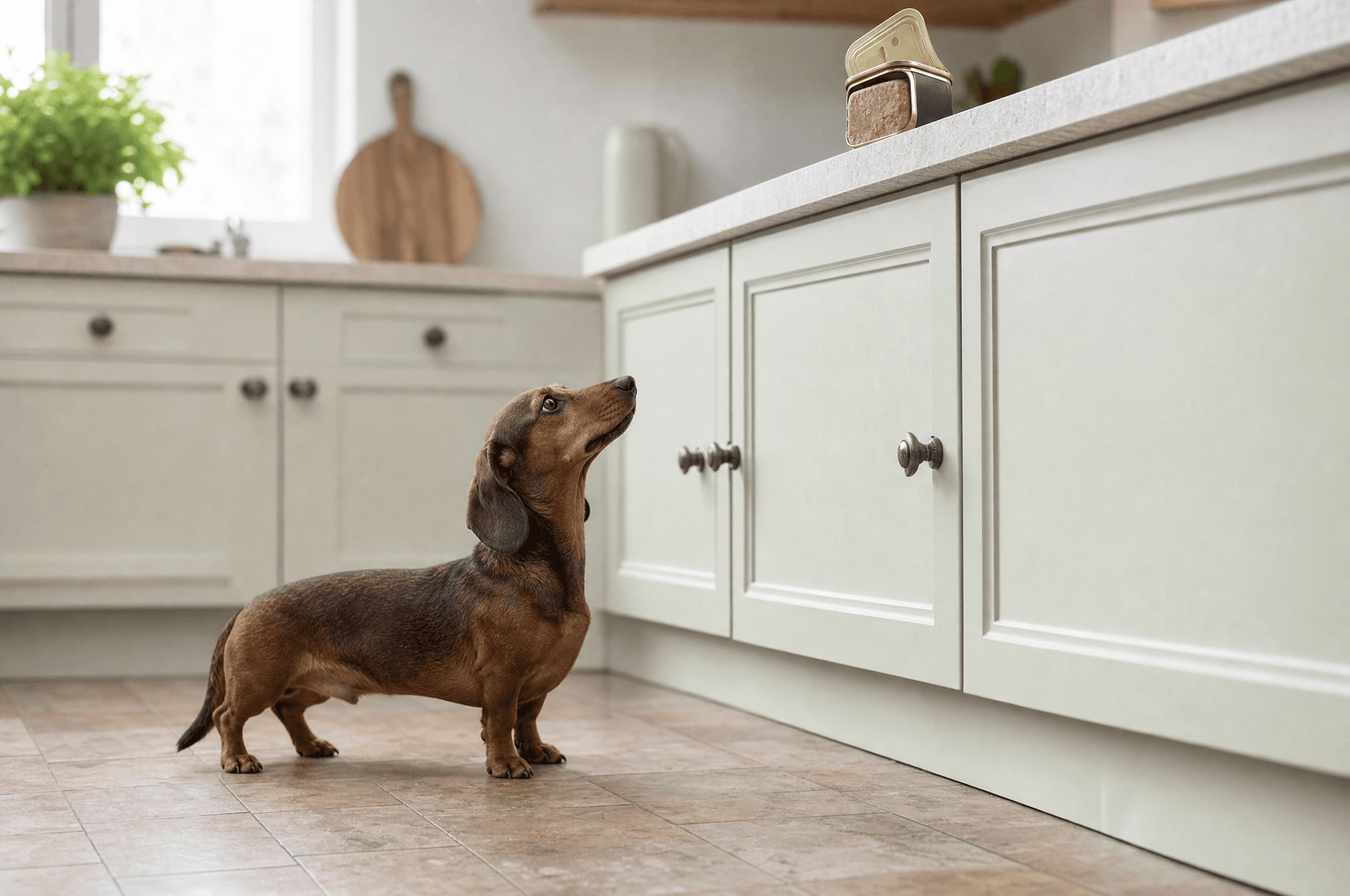 Dachshund looking up at a tin of corned beef out of reach on a counter