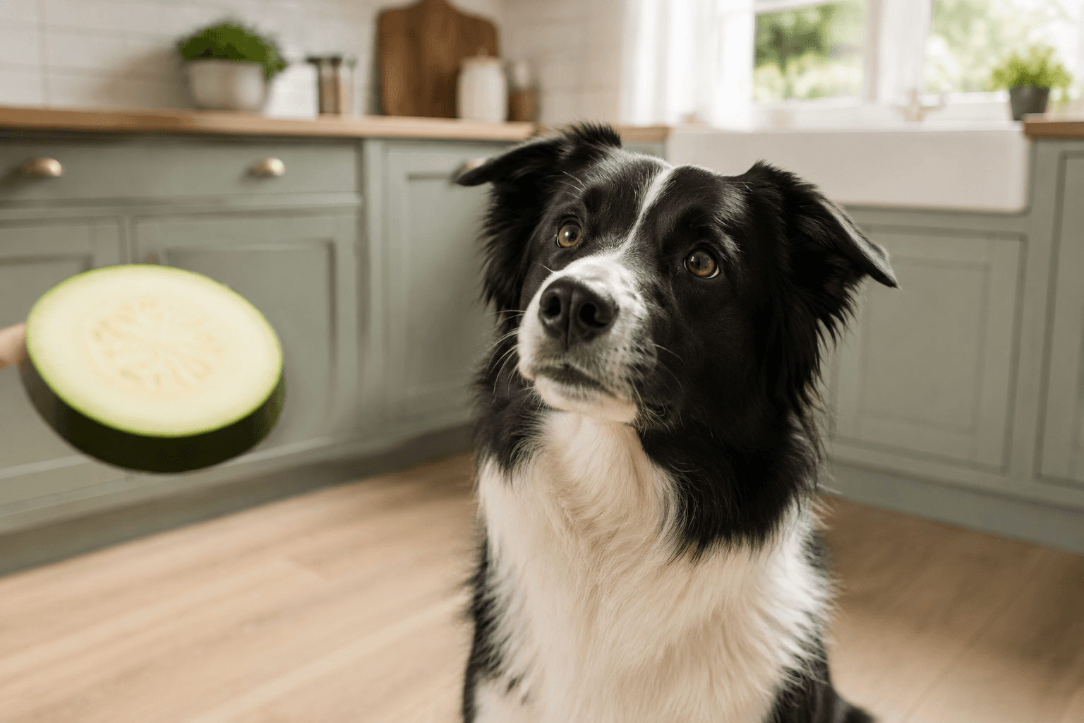 Border collie being offered a slice of courgette