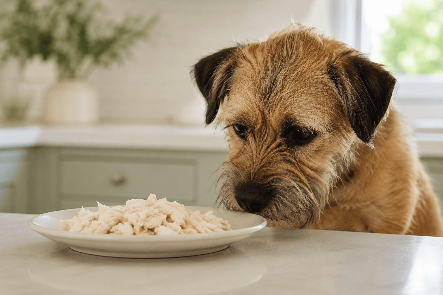 Terrier sniffing at a plate of picked white crab meat on a kitchen counter, not touching it