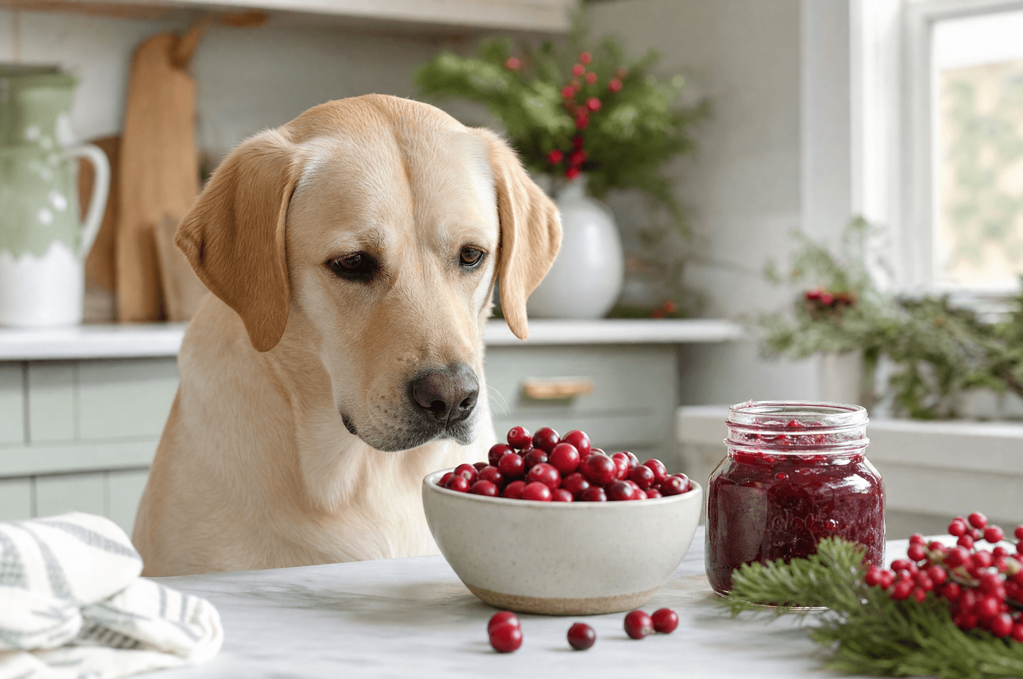 Labrador looking at a bowl of cranberries and cranberry sauce