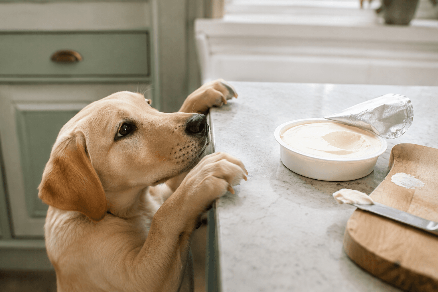 Labrador puppy looking up at a tub of cream cheese and a butter knife on a kitchen counter