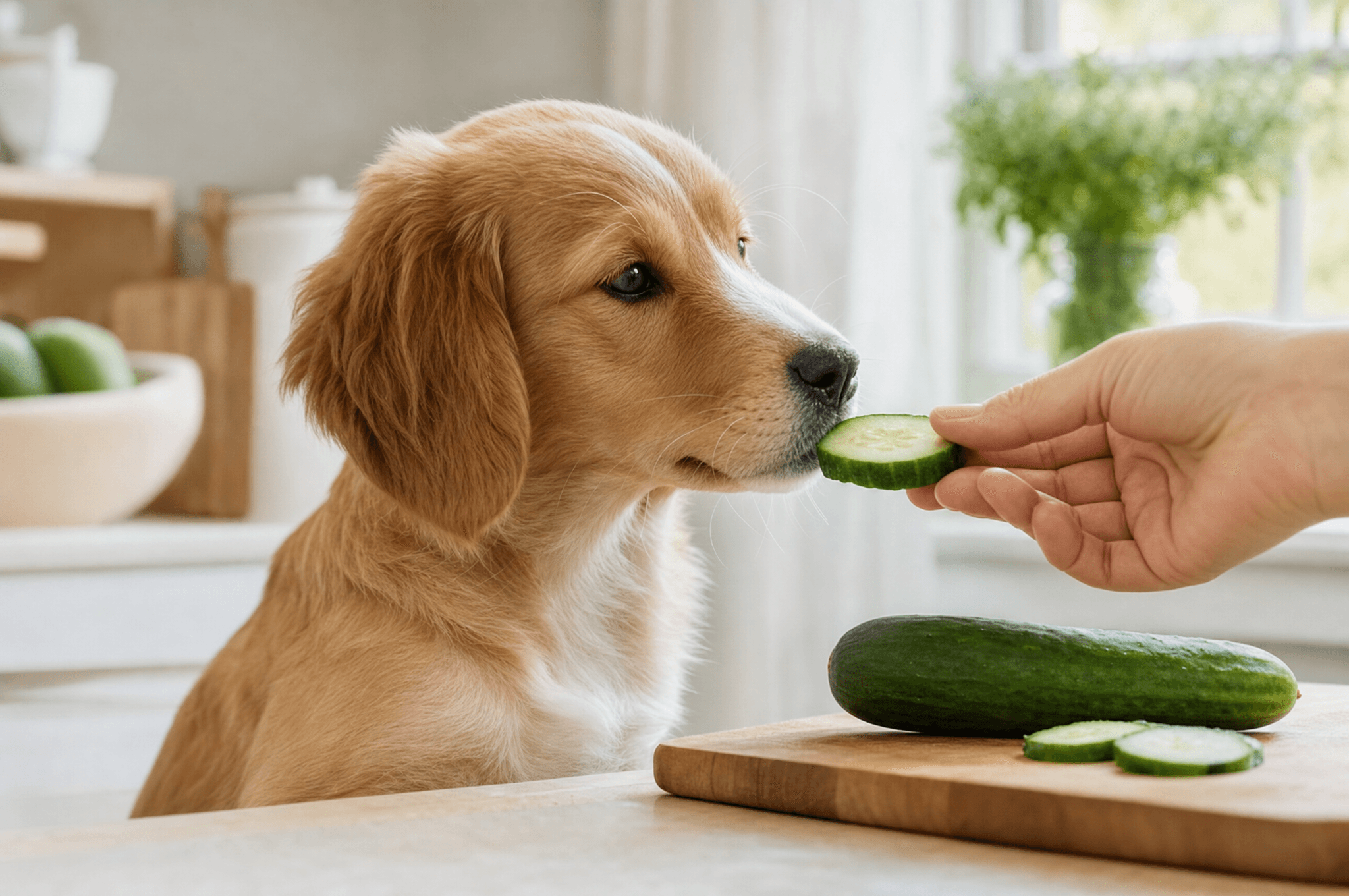 Puppy being offered a slice of cucumber