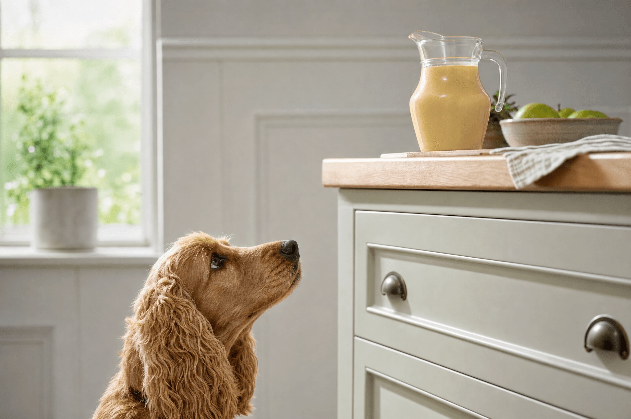 Cocker spaniel looking up at a jug of custard on a kitchen worktop