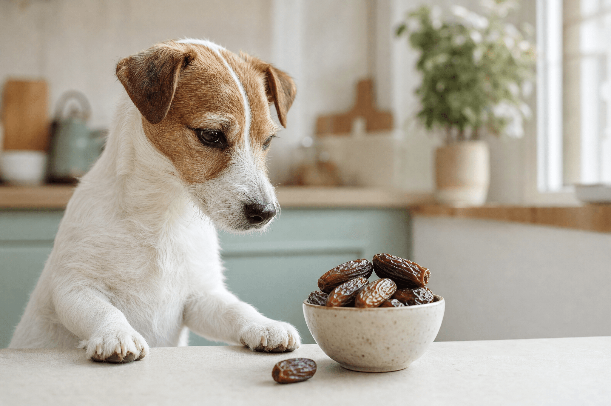 Jack russell looking at a small bowl of dried dates