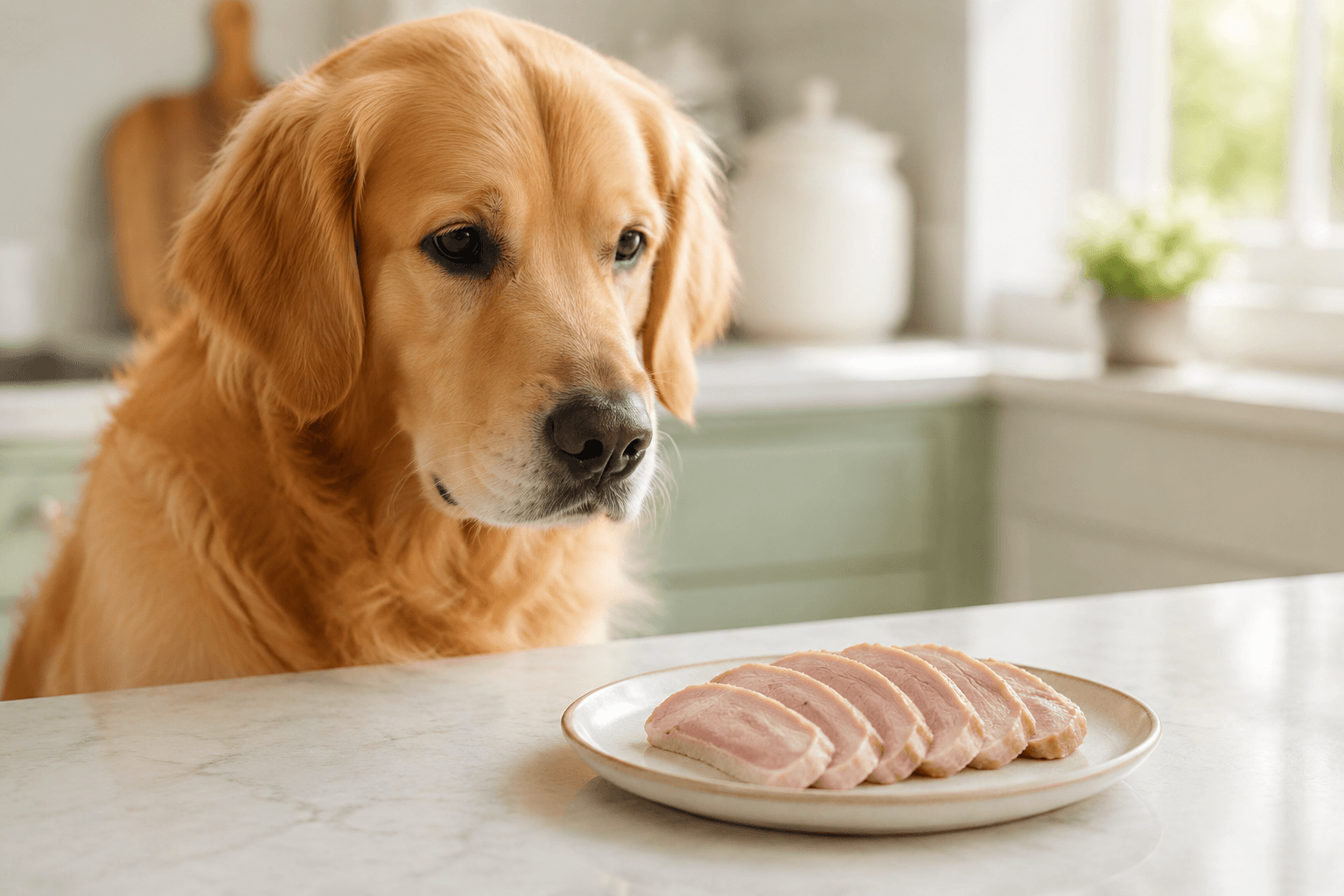 Golden retriever watching a plate of sliced, skinless cooked duck breast on a kitchen counter